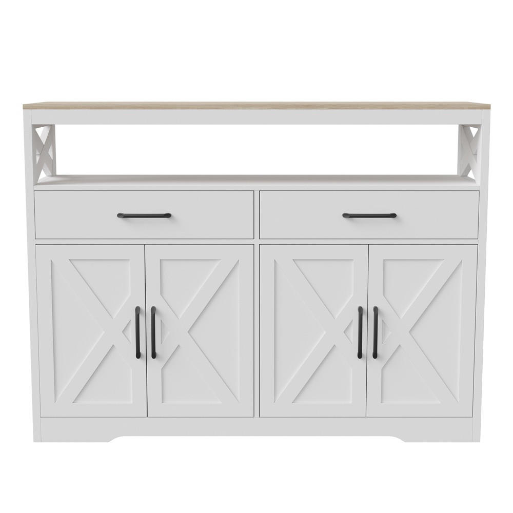SIDEBOARD mit 2 Schubladen und 2 Türen - moderne skandinavische Optik und schwarze Griffe - Weiß und Natur - Weiß, Holzwerkstoff (140/105/40cm) - DELFA