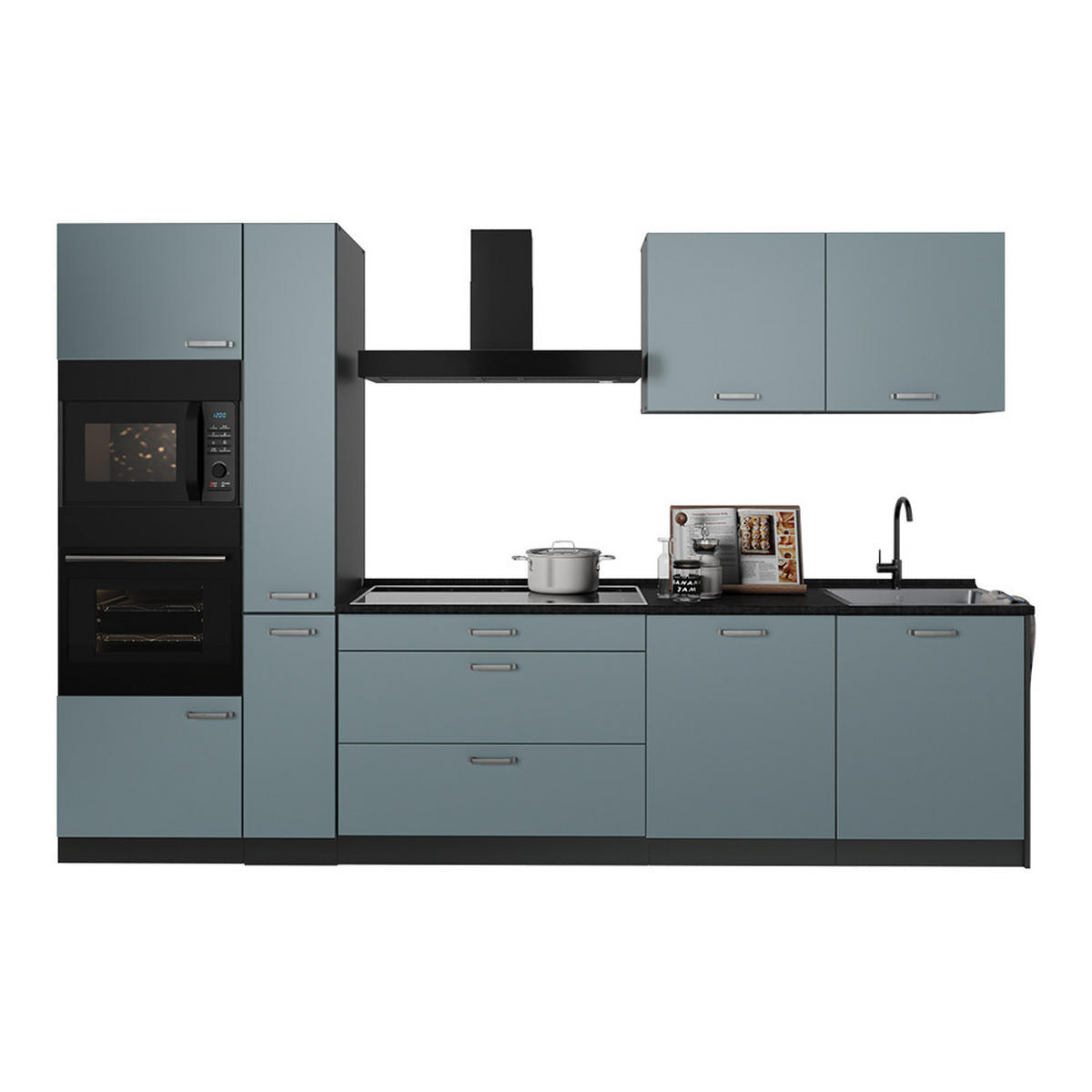 KÜCHENZEILE R-Line, Blau-Grau/Anthrazit, 310 cm Arbeitsplatte Marmor - Anthrazit/Blaugrau, Holzwerkstoff (310/206.8/60cm) - Vicco
