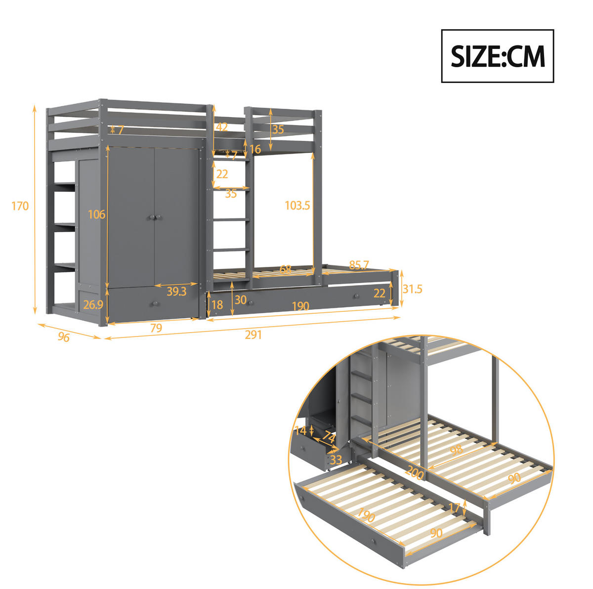 ETAGENBETT 90/200 cm aus Holz mit Ausziehbett und Kleiderschrank in Grau - Grau, Holz (90/200cm) - BEAOK