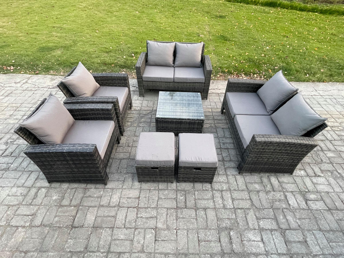 GARTENGARNITUR Polyrattan Dunkelgrau 8-Sitzer - Dunkelgrau, Metall - Fimous