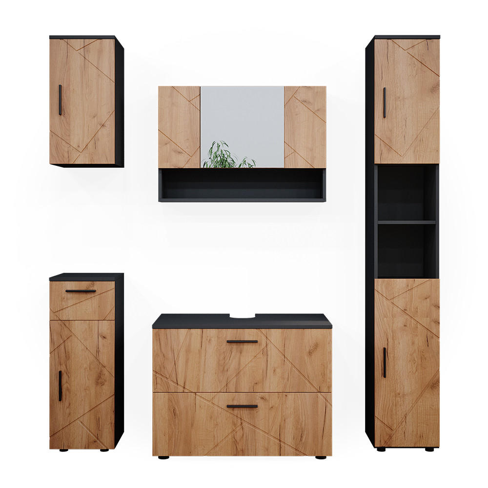 BADMÖBEL-SET Irma Goldkraft Eiche/Anthrazit 5 Teile - Anthrazit/Eiche Wotan, Holzwerkstoff (80/58.6/41cm) - Vicco