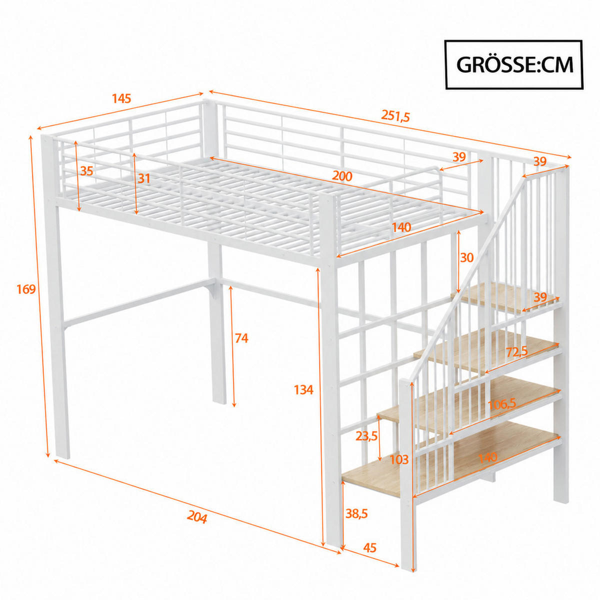 HOCHBETT 140/200 cm Weiß mit geräumigem Stauraum und Stauraumtreppe - Weiß, Metall (140/200cm) - Oxeza