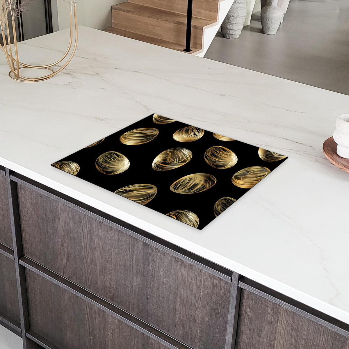 HERDABDECKPLATTE Eier - Gold - Muster Herdabdeckung Induktionsfeld 65x52 cm - Schwarz, Kunststoff (65/52/0.2cm) - MuchoWow