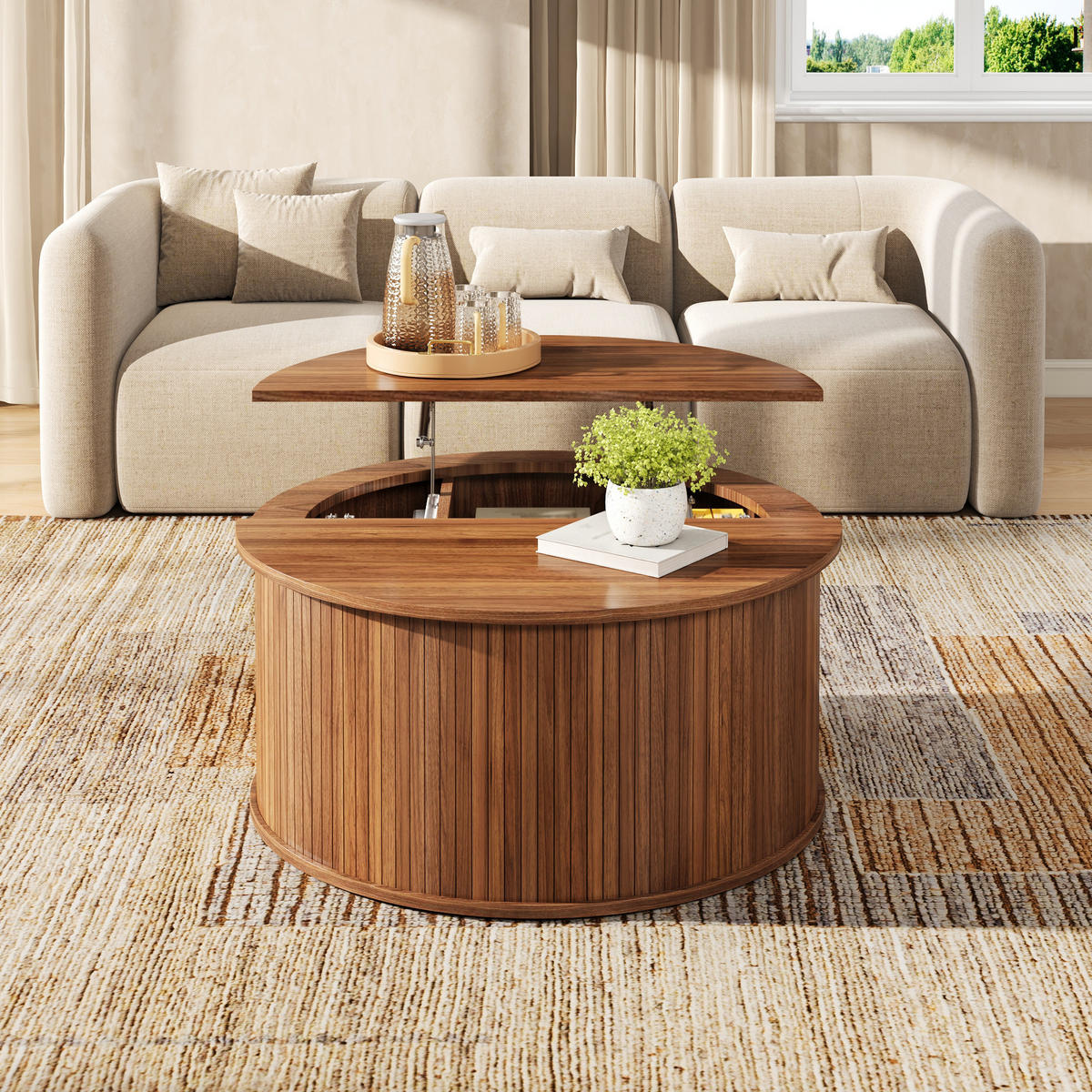 COUCHTISCH rund, MDF, höhenverstellbar mit Stauraum - Walnussfarben, Holzwerkstoff (88/88/53.5cm) - FLIEKS