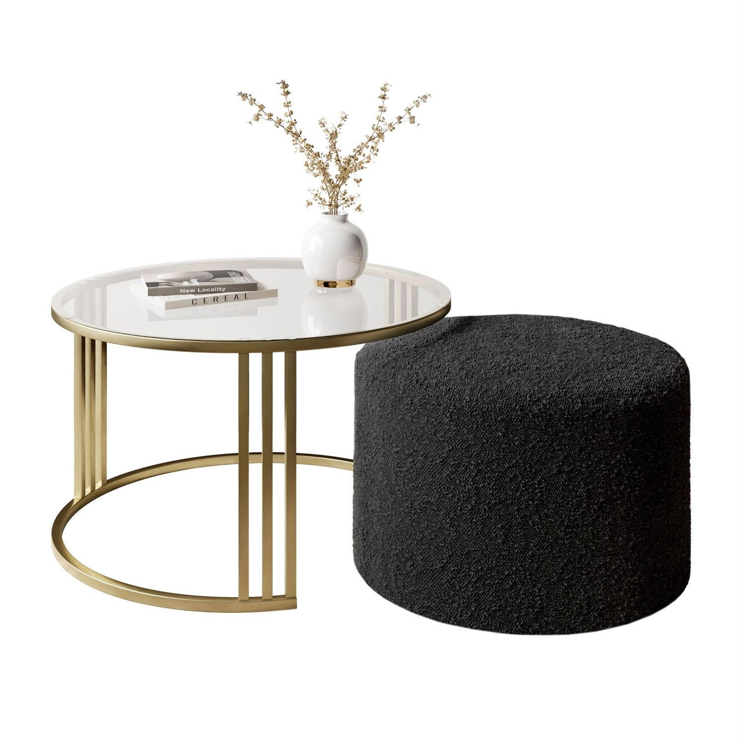 COUCHTISCH mit Hocker LORI GLASS gebürstetes Gold/transparentes Glas/Coral 60 - Transparent, Metall (70/70/49cm) - Lookway