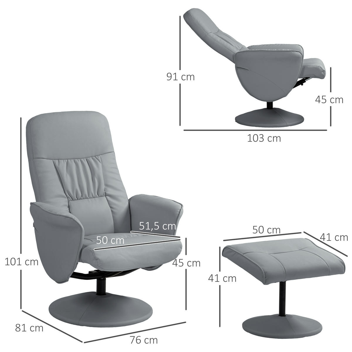 RELAXSESSEL mit Hocker, Fernsehsessel, TV Sessel mit Liegefunktion, Kunstleder - Hellgrau/Grau, Metall (76/101/81cm) - HOMCOM