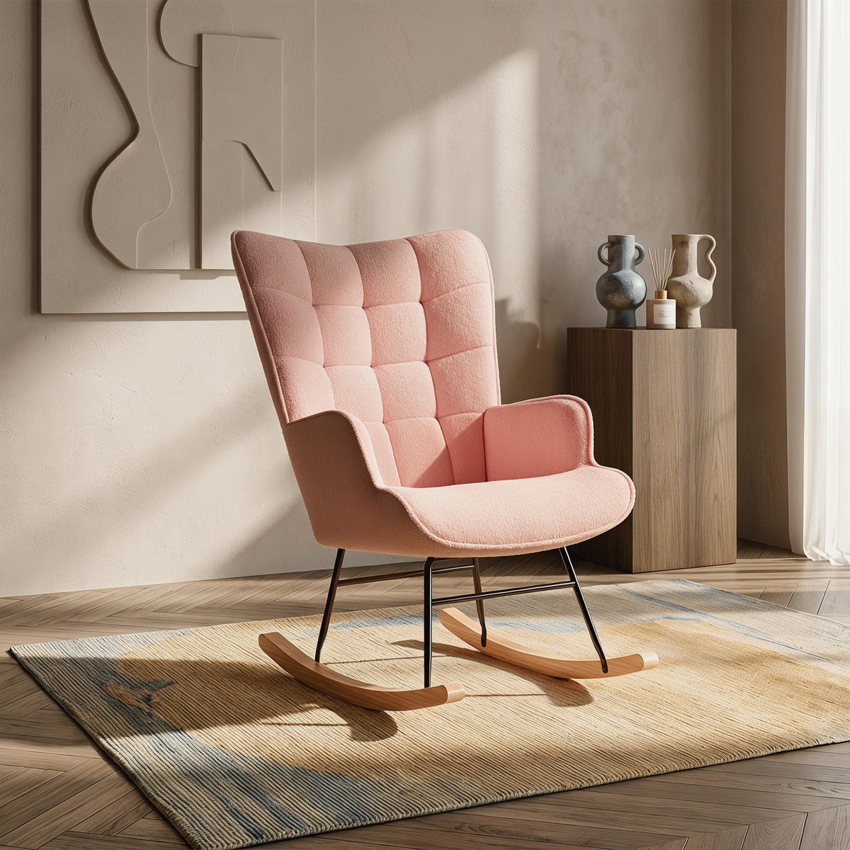 SCHAUKELSTUHL, Entspannend, Teddy-Velours, Belastbarkeit 120 kg, Rosa - Rosa/Kieferfarben, Holz/Textil (68/92/75cm) - GENKI LIVING
