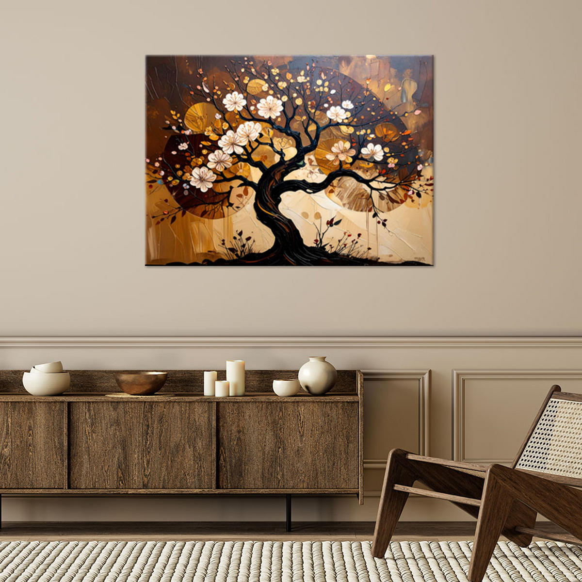 LEINWANDBILD Baum des Lebens Abstraktion Landschaft Braun 90x60cm - Beige, Textil (90/60cm) - Feeby