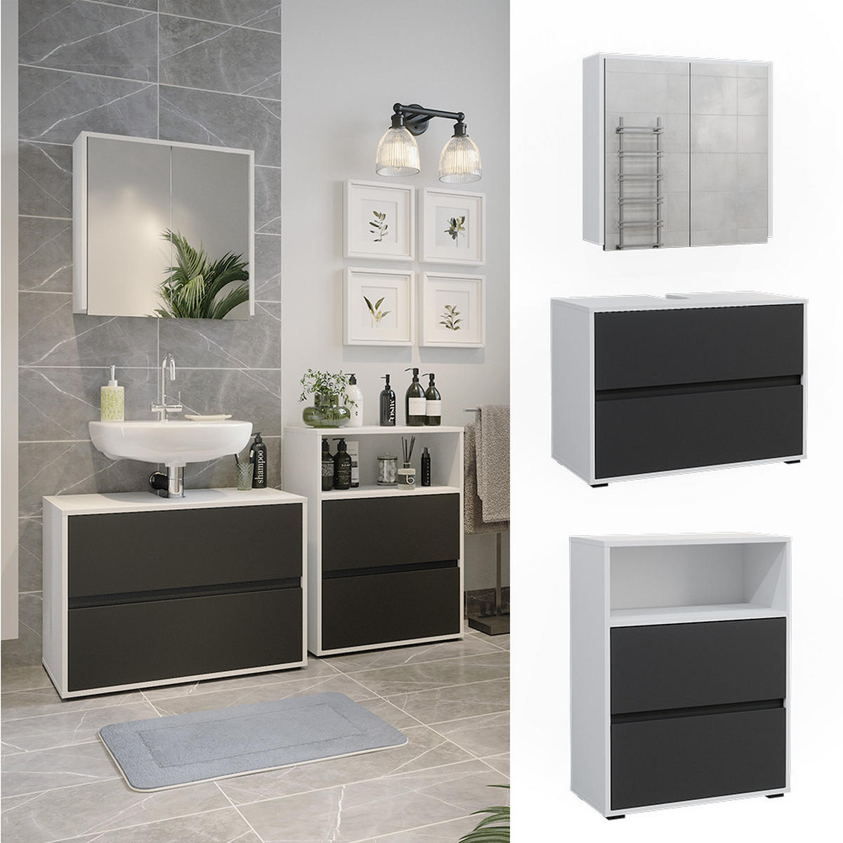 BADEZIMMER-SET Maltin Weiß/Anthrazit 3 Teile - Anthrazit/Weiß, Holzwerkstoff (80/58/40cm) - Vicco