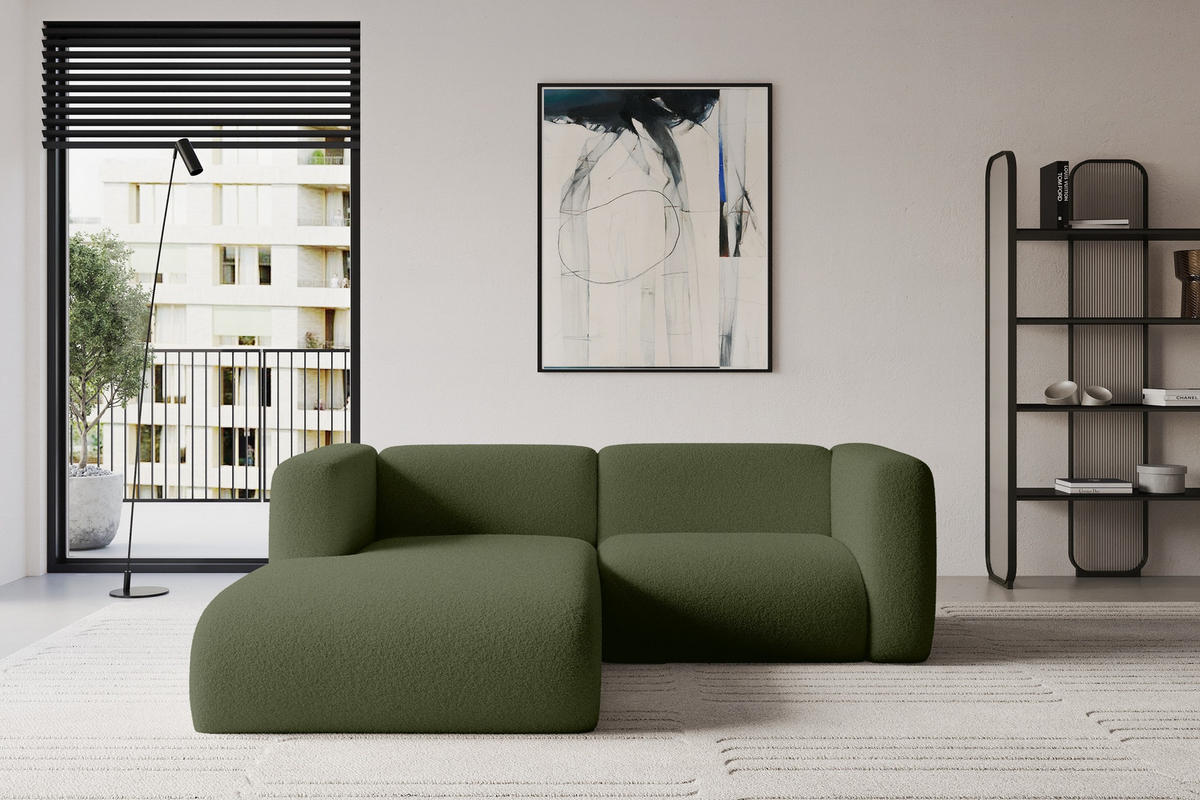 ECKSOFA Ottomane Links MIRA-L1 227x179x89 Grün Bouclé - Schwarz/Olivgrün, Holzwerkstoff/Kunststoff (227/179cm) - ALTDECOR