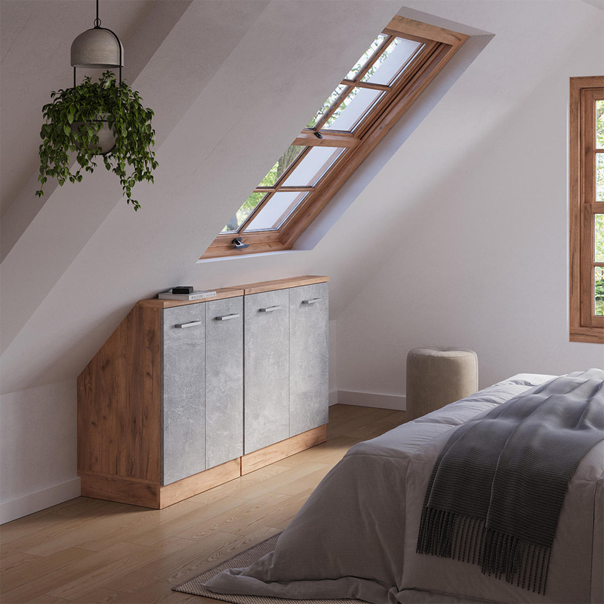 KUCHYŇSKÁ SKŘÍŇKA POD ŠIKMOU STŘECHU R-Line Beton/zlatý dub - šedá/medově dubová, kompozitní dřevo (140/81.6/46cm) - Vicco