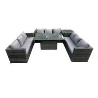 GARTENMÖBEL HÖHENVERSTELLBARER ESSTISCH SET Polyrattan Outdoor 9-Sitzer - Dunkelgrau/Grau, Glas/Kunststoff - Fimous