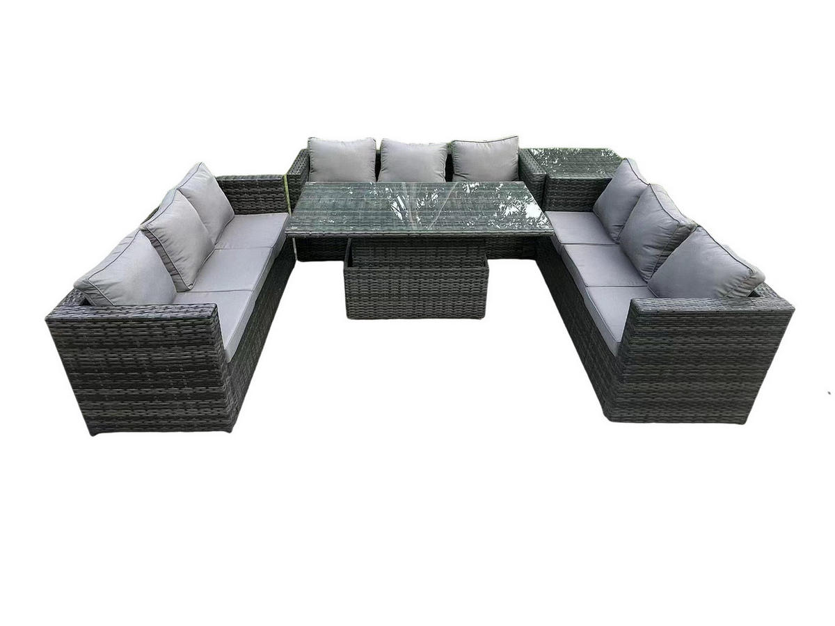 GARTENMÖBEL HÖHENVERSTELLBARER ESSTISCH SET Polyrattan Outdoor 9-Sitzer - Dunkelgrau/Grau, Glas/Kunststoff - Fimous