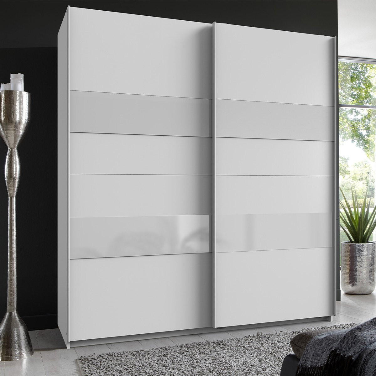 KLEIDERSCHRANK mit 2 Schiebetüren und Einlage - L180 cm - Weiß, Holzwerkstoff (65/200/180cm) - Calicosy