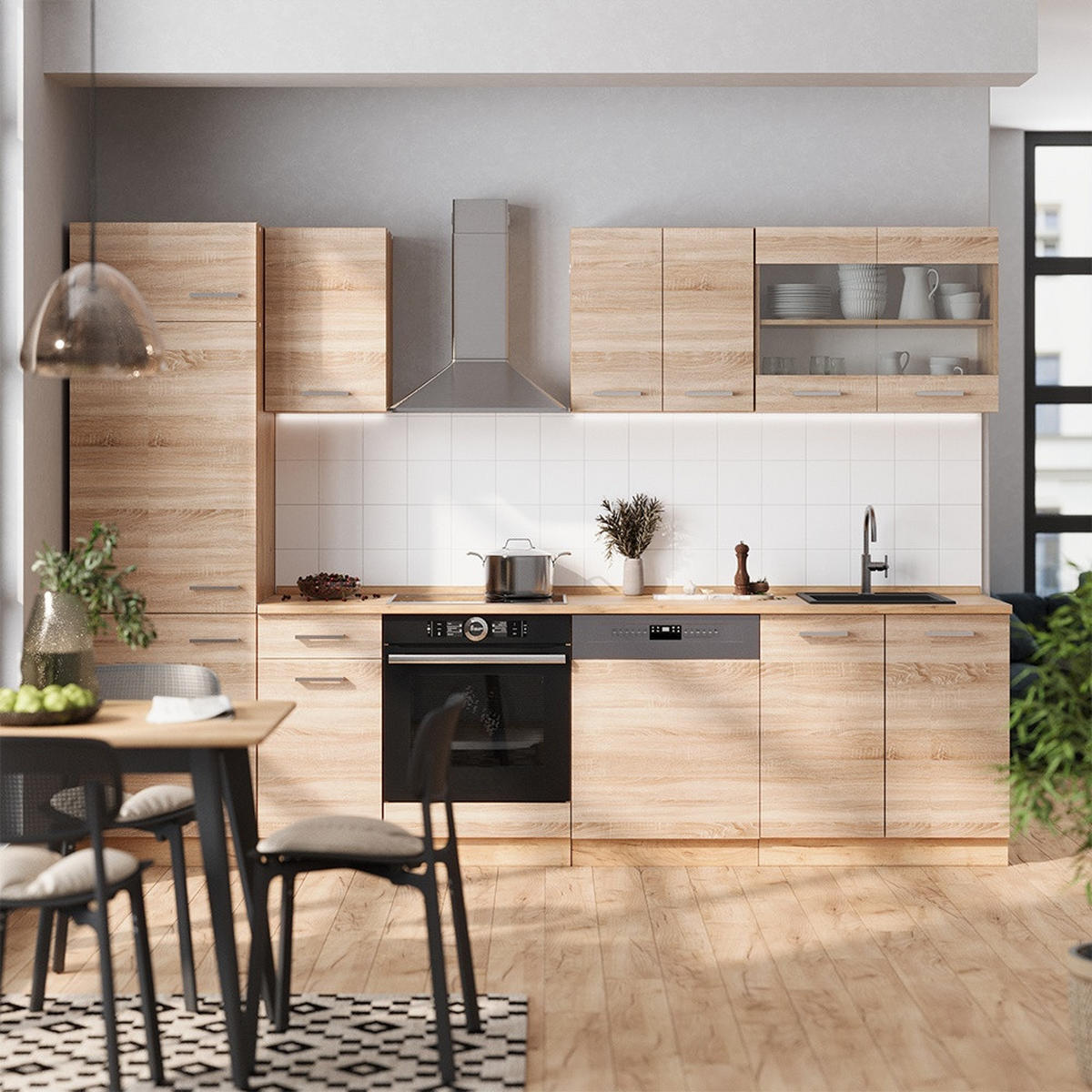 KUCHYNSKÝ KÚT R-Line Dub Sonoma/Goldkraft 300 cm bez pracovnej dosky - dub medový/dub sonoma, kompozitné drevo (300/206.8/46cm) - Vicco