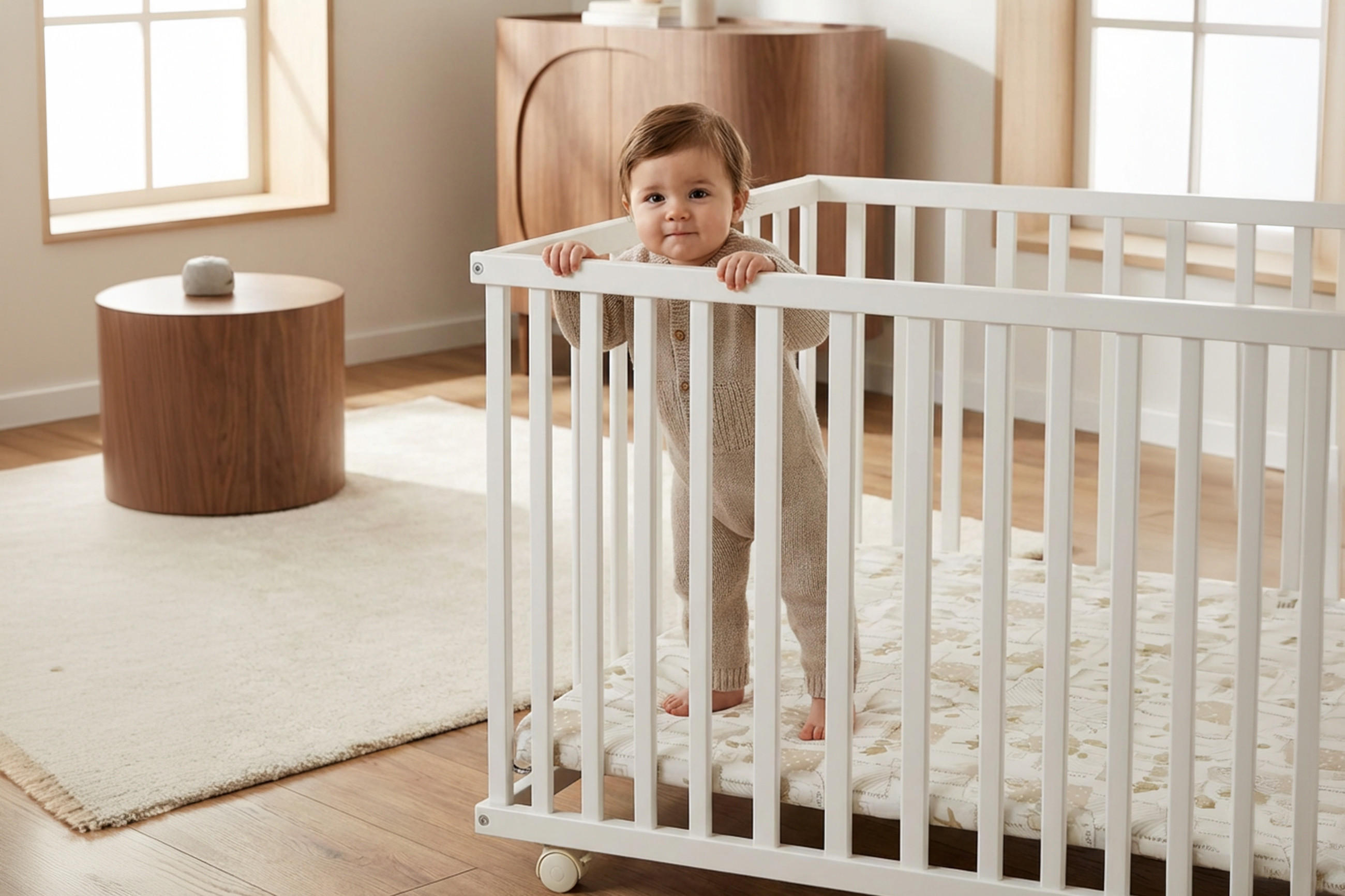 Kind steht in einem weißen Laufgitter in einem hellen Raum mit Holzboden und rundem Beistelltisch.