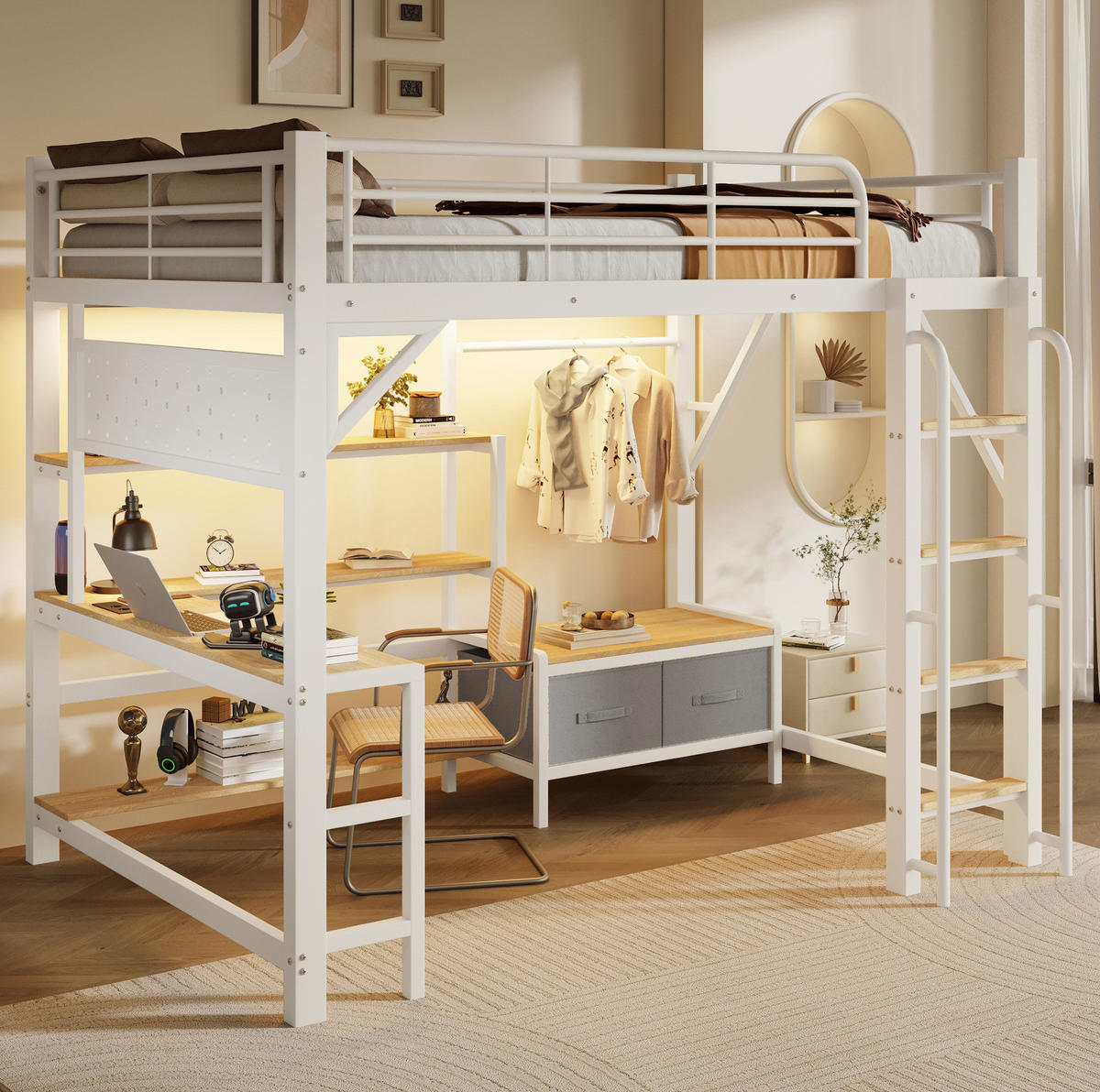 HOCHBETT aus Metall und MDF 140x200 cm Weiß mit Schreibtisch, LED-Leiste, USB und Stauraum - Weiß, Holzwerkstoff (140/200cm) - Modfu