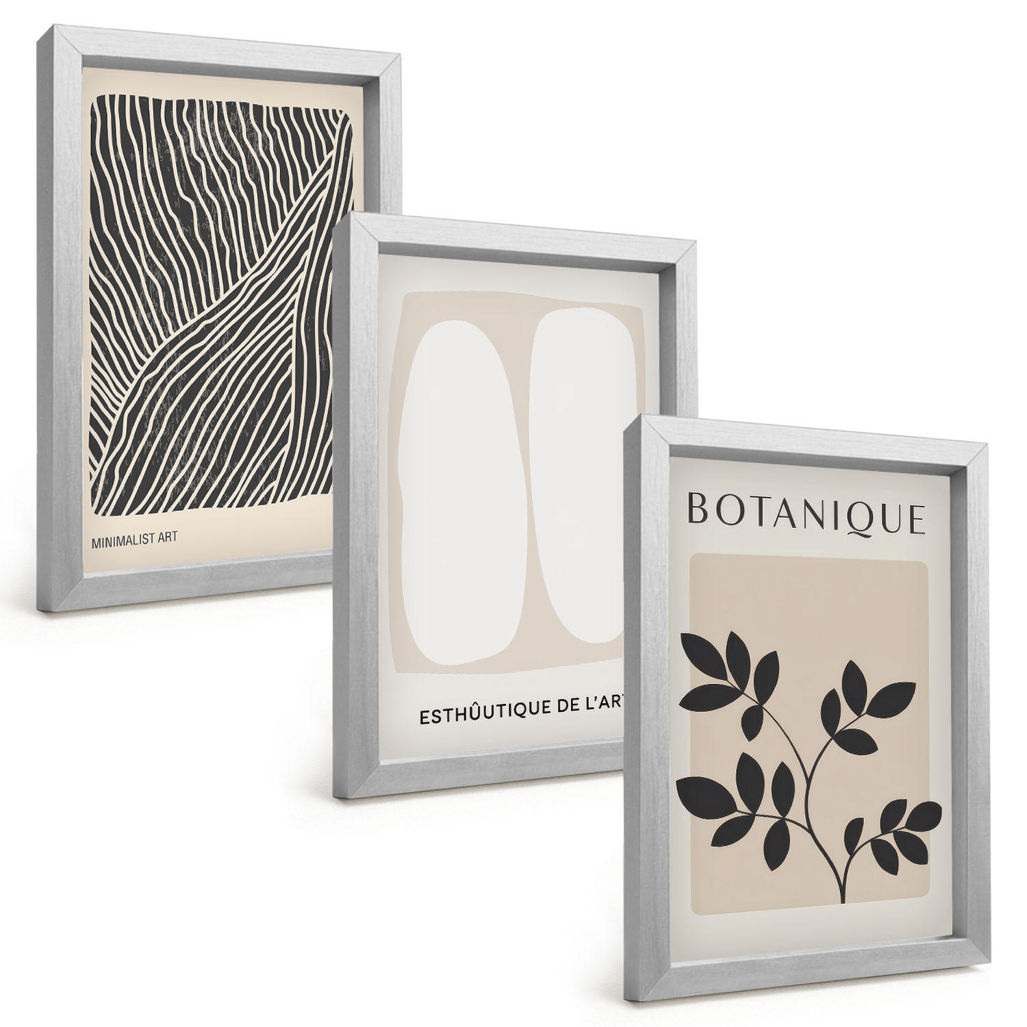 BILDER SET 3er Set - 20x30 cm Silberner Rahmen - Pflanzenmuster und Linien - Silberfarben, Kunststoff (20/30cm) - TULUP