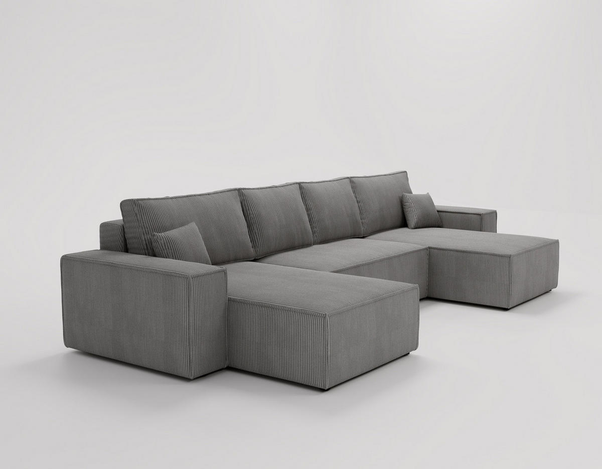 ECKSOFA U 380 cm Bergamo mit Schlaffunktion, Cordstoff, Grau - Grau, Holz (377/189cm) - Emporius