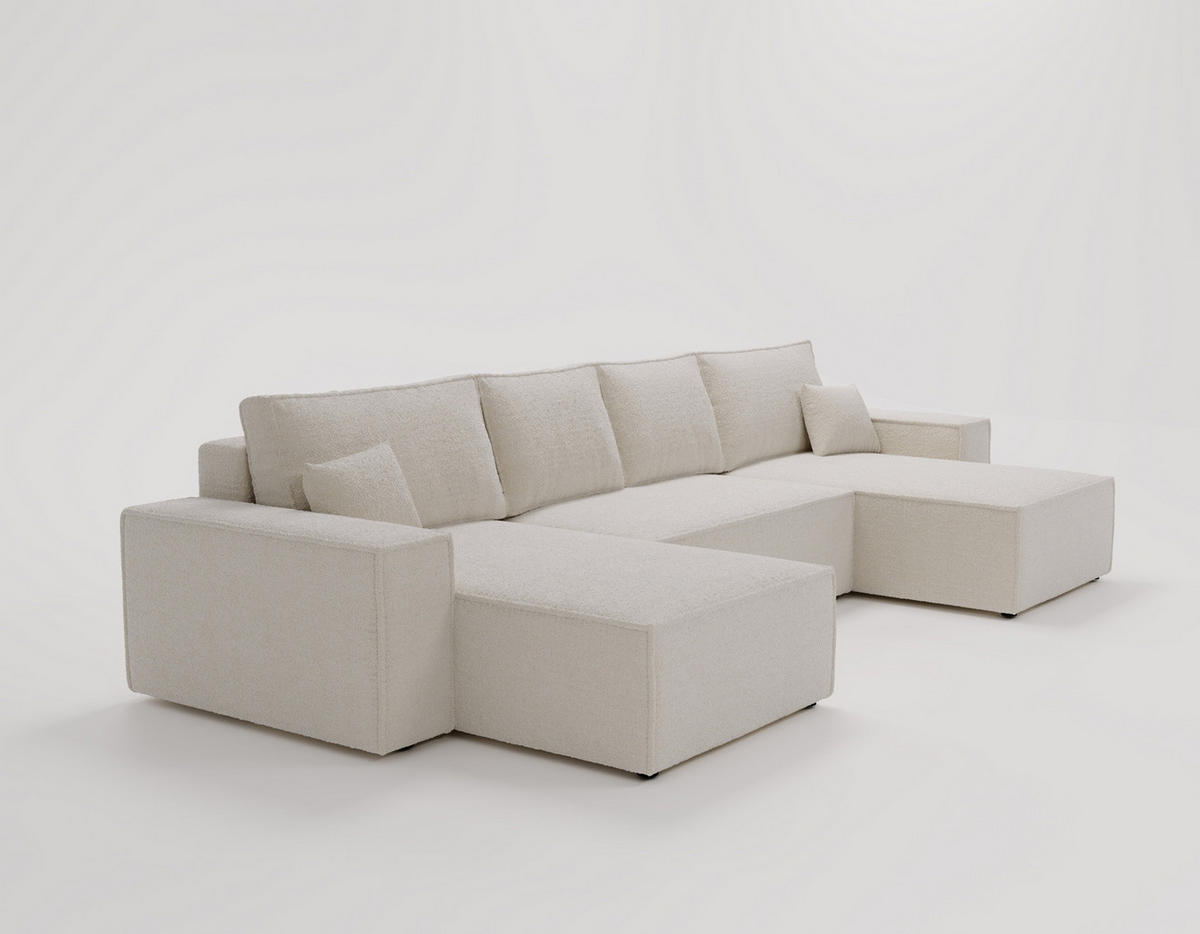 ECKCOUCH Bergamo U Bouclé mit Schlaffunktion, 380 cm, Creme - Creme, Holz (377/189cm) - Emporius