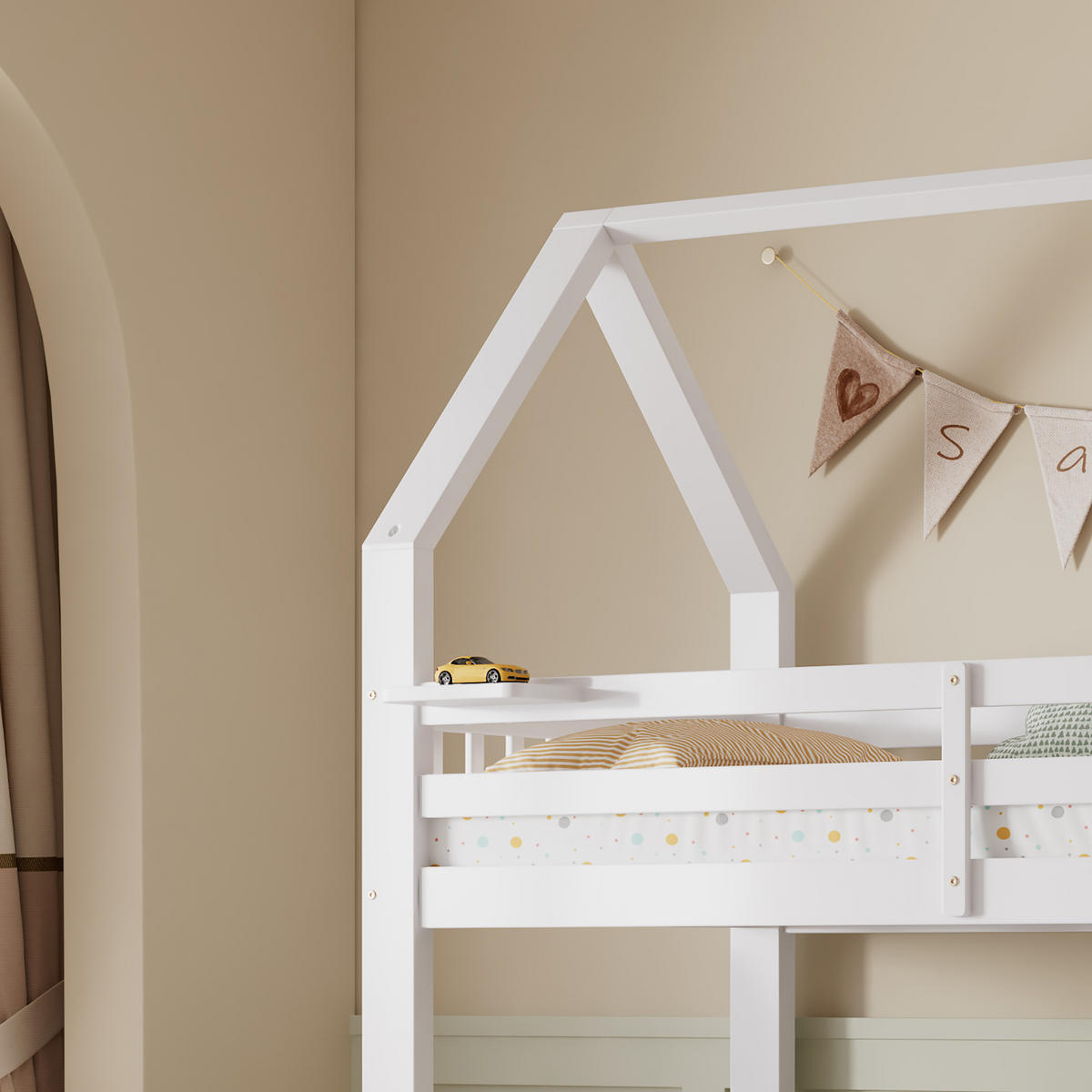 ETAGENBETT 90/200 cm und 140/200 cm Weiß mit Dachdesign und Stauraum - Weiß, Holzwerkstoff (90/200cm) - OKWISH