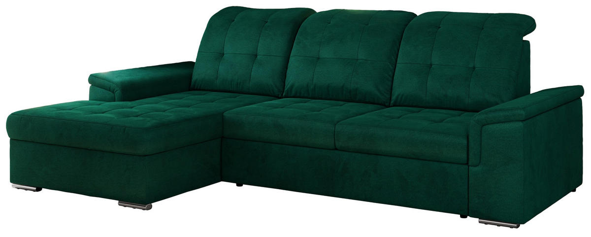 ECKSOFA MADRITO L - DunkelGrün Velorus - Links - Dunkelgrün/Silberfarben, Textil/Metall (160/256cm)
