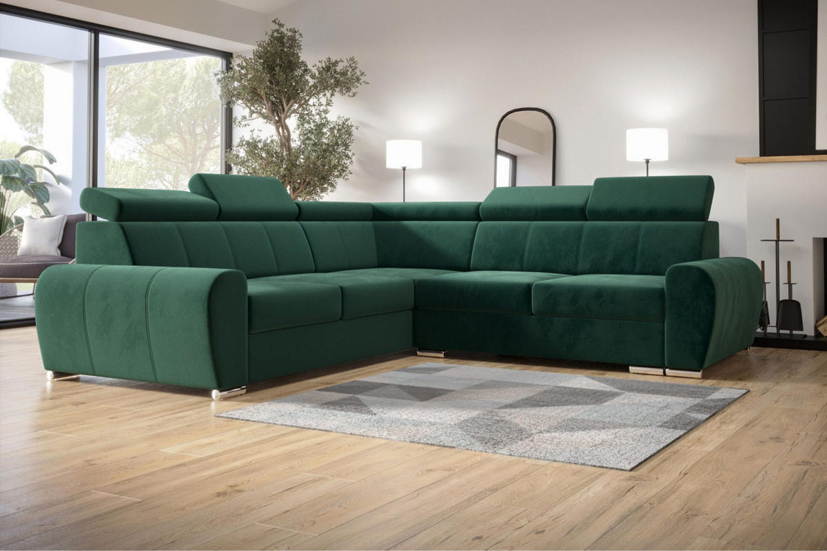 ECKSOFA APOLLO,mit Schlaffunktion und Bettkasten, Farbe: Grün, Velourstoff, Ottomane Links - Grün, Textil (255/255cm) - O-Sofa
