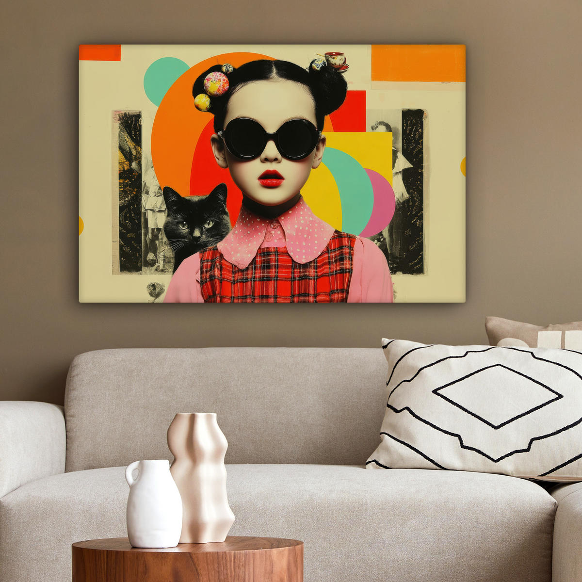 LEINWANDBILD Mädchen - Sonnenbrille - Katze - Retro Gemälde 60x40 cm - Beige, Textil (60/40cm) - MuchoWow