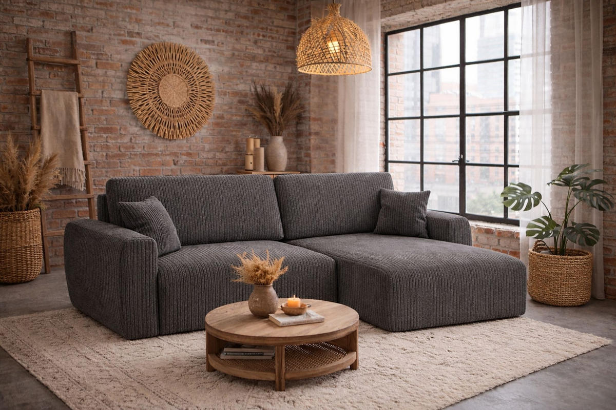 ECKSOFA Mit Schlaffunktion, Ariel XL, Cordstoff, Stoff Poso, Grau, Rechts - Grau, Holz (280/142cm) - Kaiser Möbel