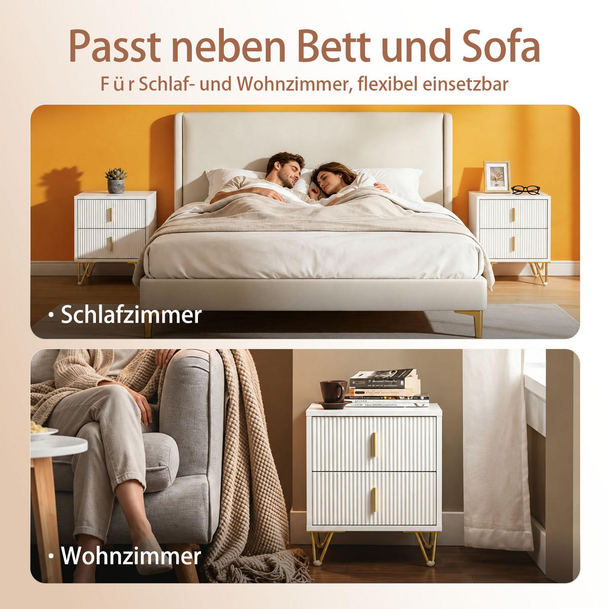 NACHTTISCH mit 2 schubladen, Weiß, 40x47x40 cm, E1-MDF, auch als Beistelltisch, Schlafzimmer & Wohnzimmer - Weiß, Holzwerkstoff/Metall (40/47/40cm) - SoBuy