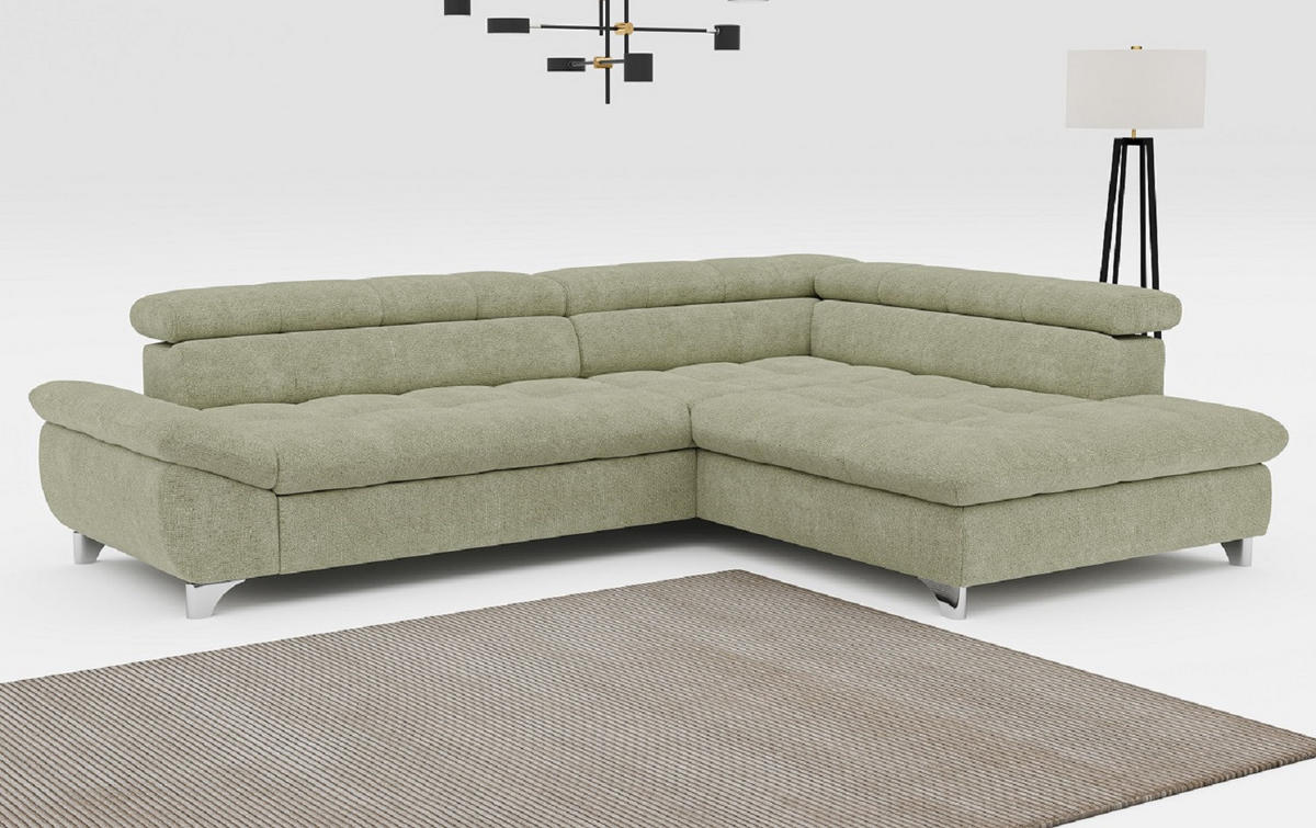 ECKSOFA mit Schlaffunktion und verstellbare Kopflehnen - Silberfarben/Grün, Textil/Metall (234/312cm) - Cotta