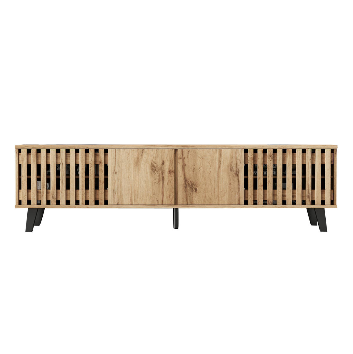 TV-SCHRANK aus Spanplatte 180x40x55 cm Naturholzfarben mit 8 Fächern, 4 Türen und offener Ablage - Hellbraun, Holzwerkstoff (180/55/40cm) - Modfu
