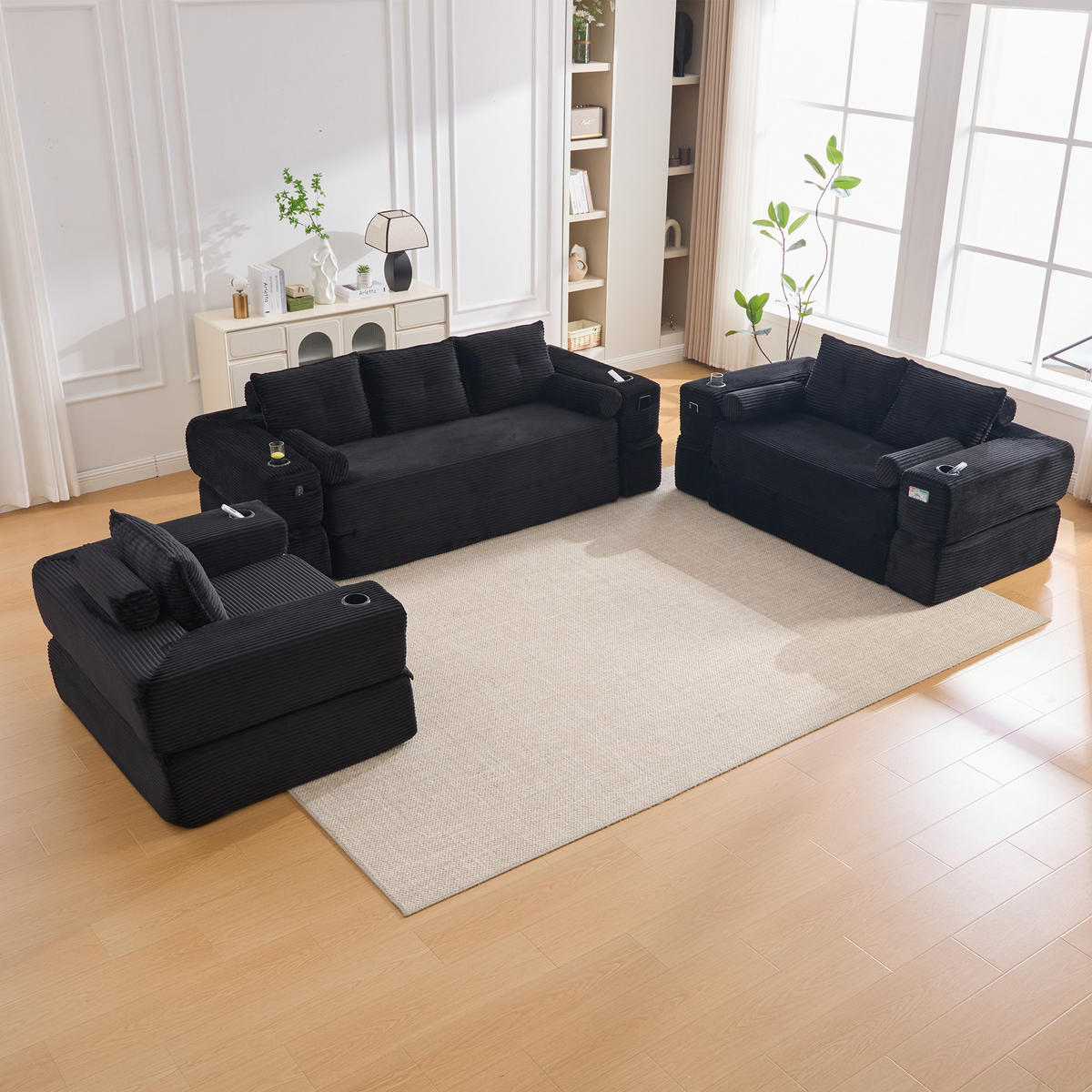 SCHLAFSOFA mit Cordbezug, Federkern, Memory-Kissen und Getränkehalter - Schwarz, Textil (180/80/98cm) - EVRYAE