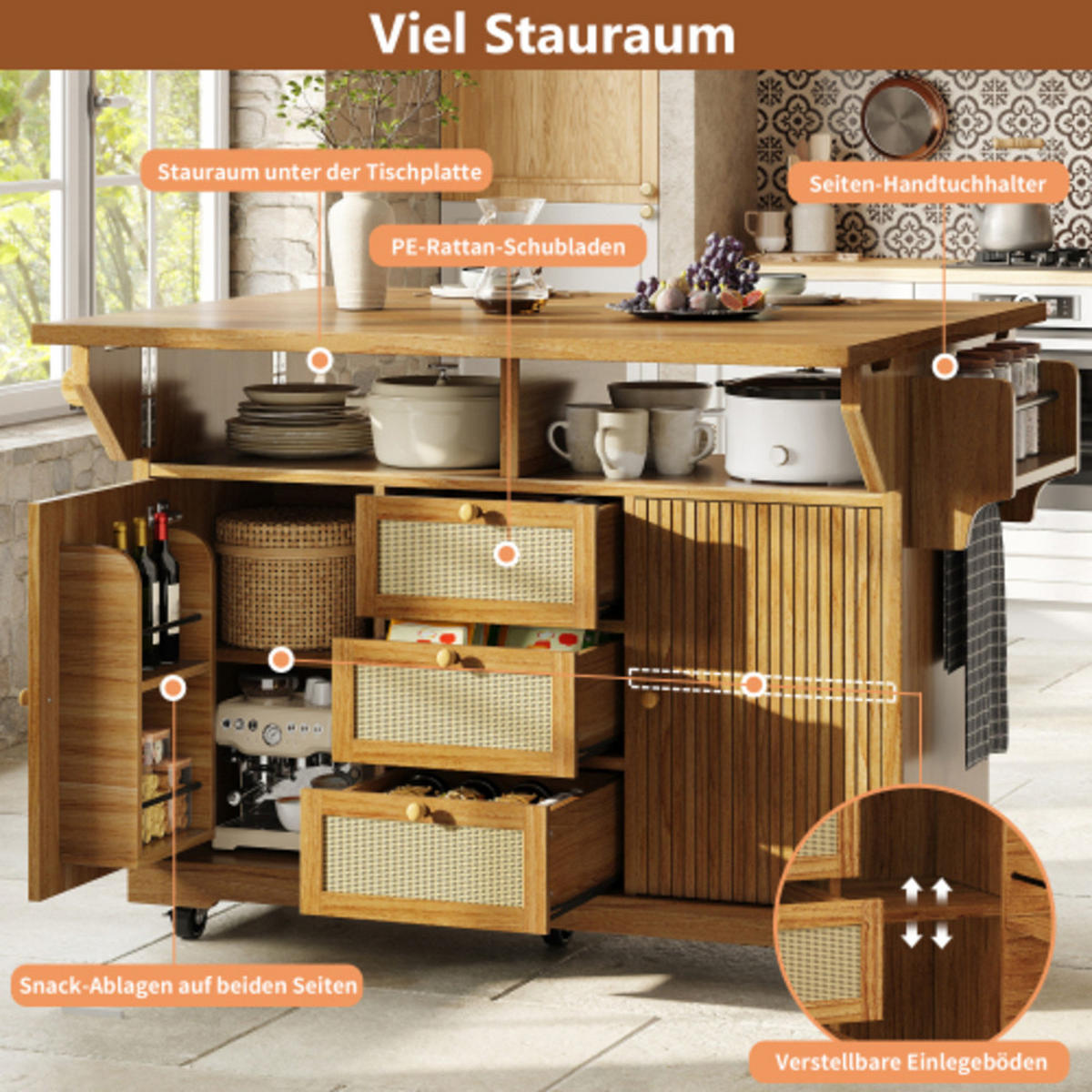 KÜCHENINSEL 142,5×40-80×95 cm aus MDF, Metall und PE-Rattan mit beidseitig klappbarer Tischverlängerung, dunkelbraun - Dunkelbraun, Holzwerkstoff (142.5/95/80cm) - Luhomfu