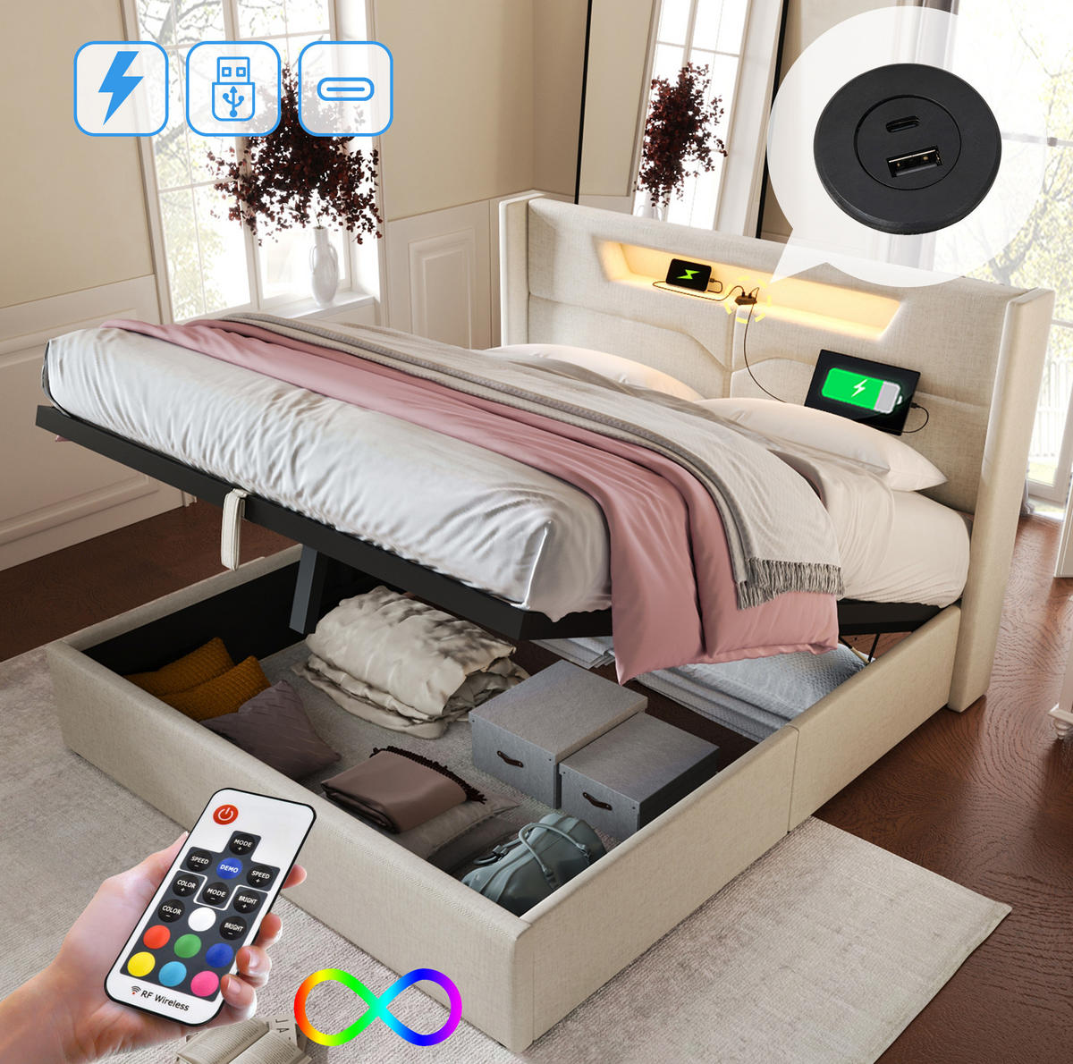 POLSTERBETT 140/200 cm Beige aus Leinen mit LED-Beleuchtung und USB-Ladefunktion mit Matratze - Beige, Textil (140/200cm) - OKWISH
