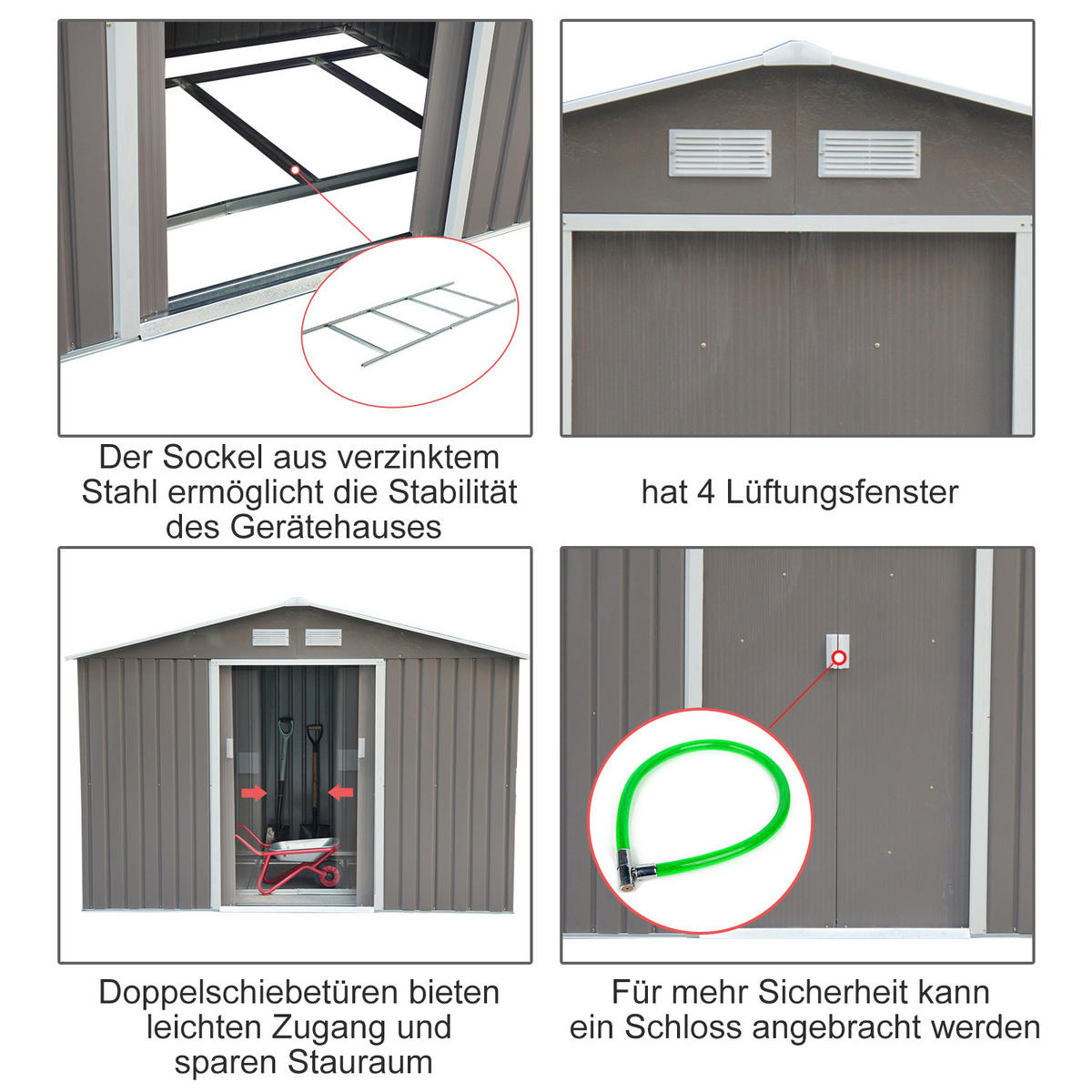 GERÄTEHAUS, Geräteschuppen, Garten Schuppen mit Bodenrahmen, Stahl, Grau - Grau, Metall (130/185/213cm) - Outsunny