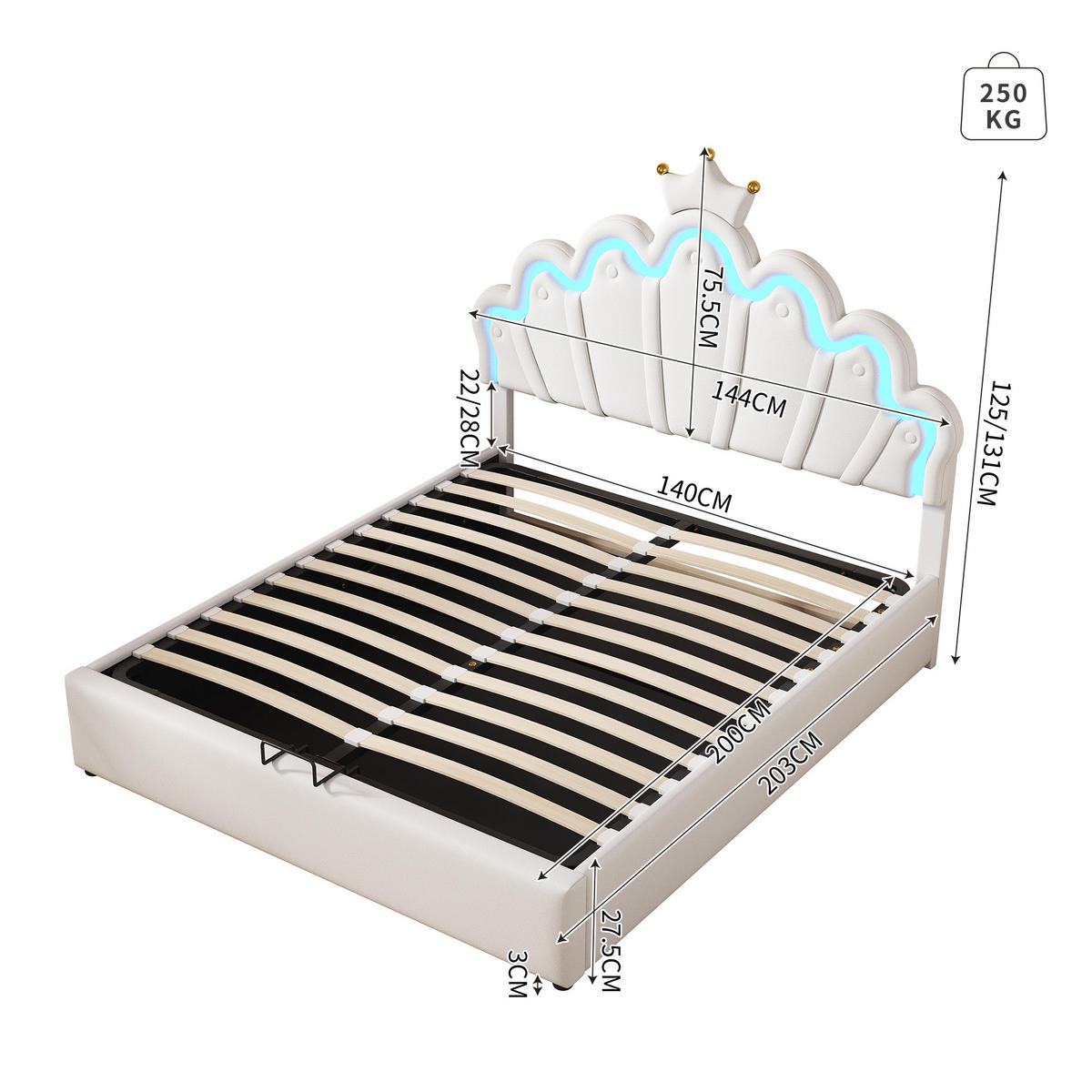 POLSTERBETT 140/200 cm Weiß mit verstellbarer Ambiente-Beleuchtung und Kronenleiste - Weiß, Kunststoff (140/200cm) - OKWISH