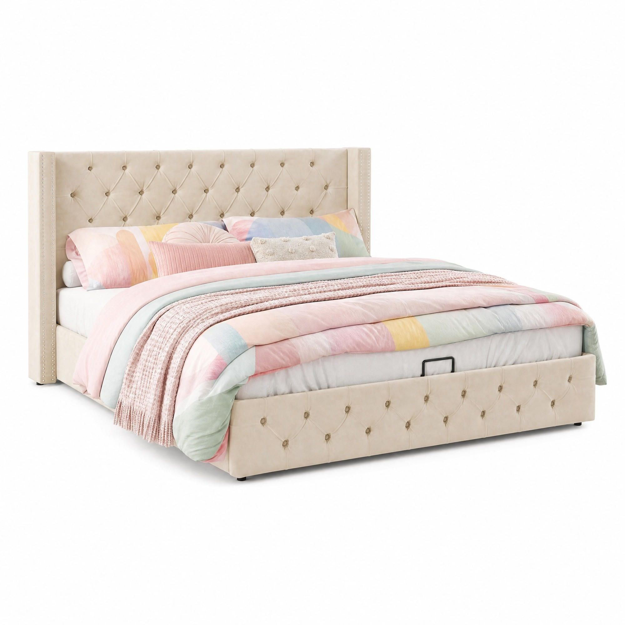 POLSTERBETT 160/200 mit Bettkasten, Rautensteppung und Kopfteil mit doppelter Nietenreihe in Beige - Beige, Holzwerkstoff/Textil (160/200cm) - EVRYAE