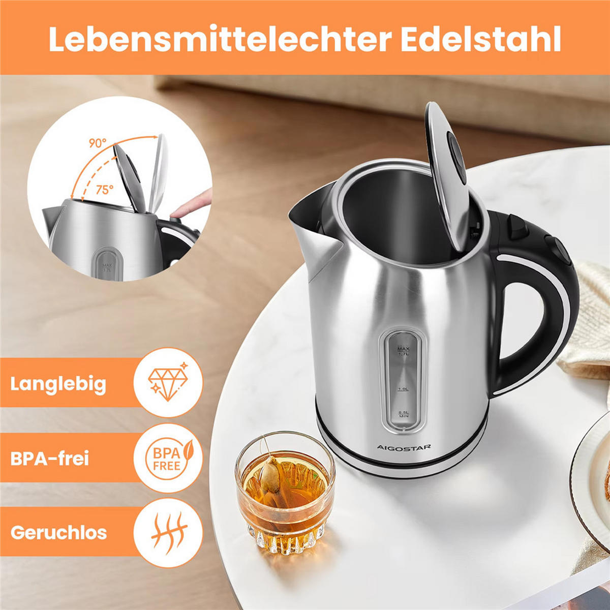 WASSERKOCHER Edelstahl 1,7L 2200W LED Kalkfilter BPA-frei - Silberfarben, Metall (1/1/1cm) - Kaket