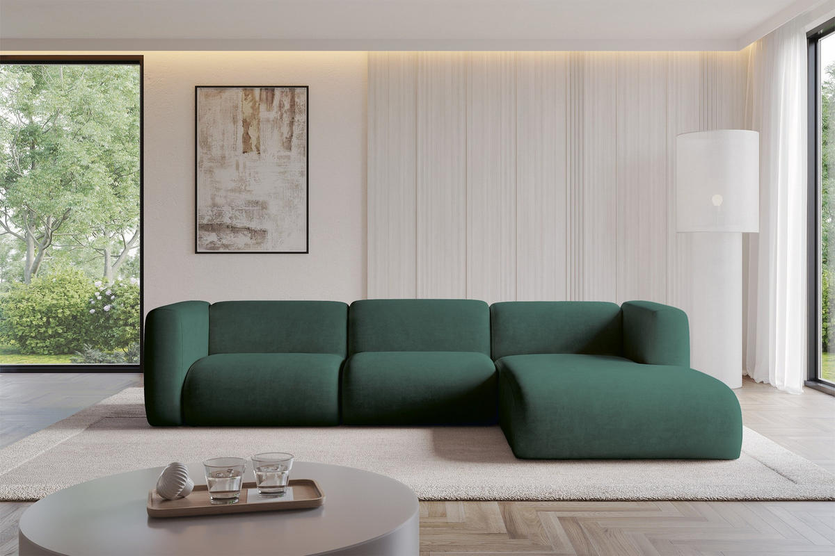 ECKSOFA Ottomane Rechts MIRA-L2 318x179x89 Grün Velours - Dunkelgrün/Schwarz, Holzwerkstoff/Kunststoff (318/179cm) - ALTDECOR
