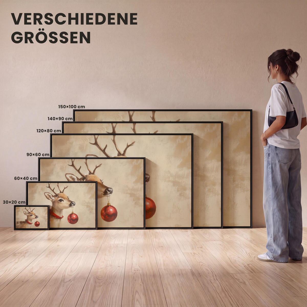 LEINWAND Bilder mit Rahmen - Weihnachten - Hirsch - Geweih - Weihnachtskugel - Rentier - 140x90 - Hellbraun, Textil (140/90cm) - MuchoWow