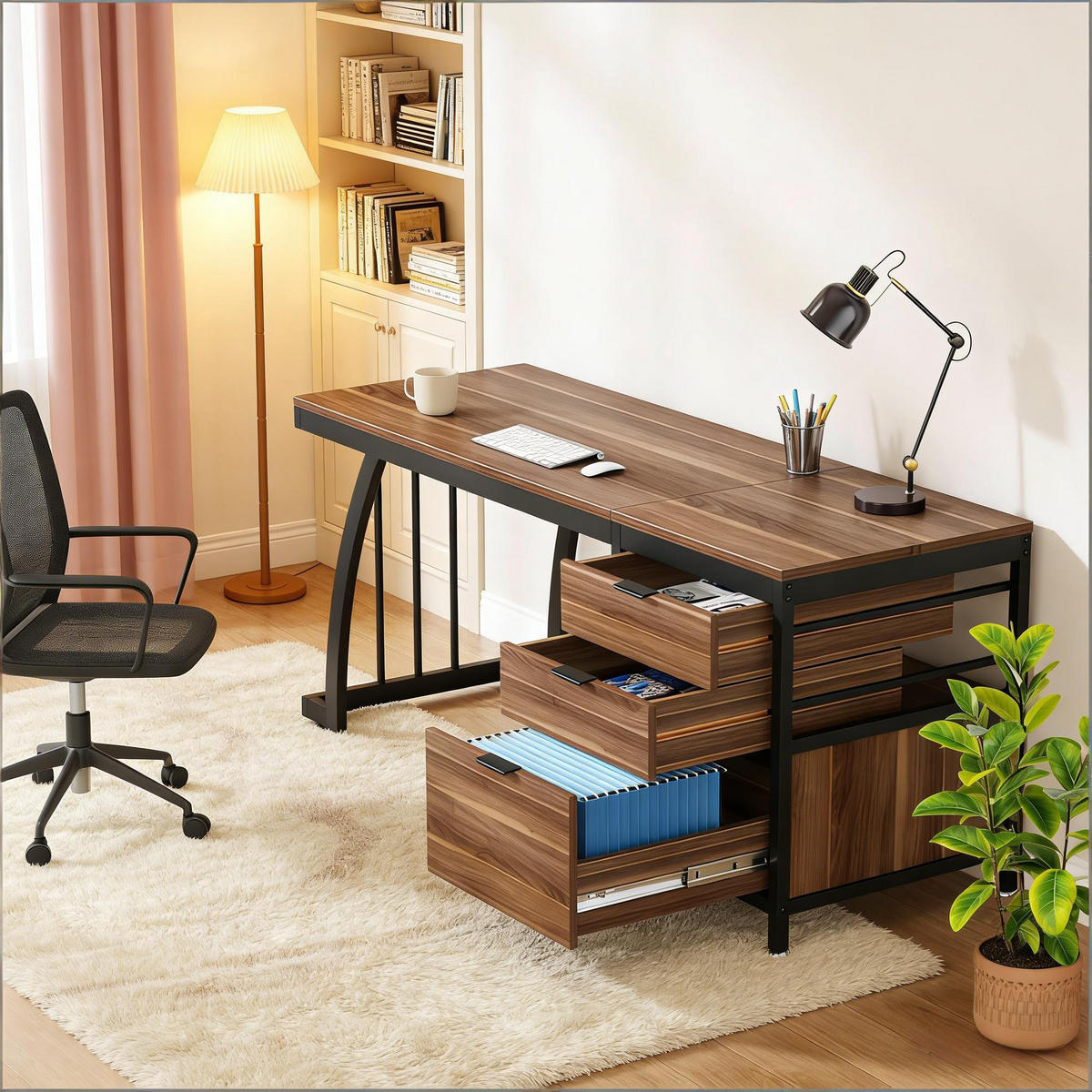 SCHREIBTISCH Walnussfarben/Schwarz 150/50/75 cm mit 3 Schubladen - Walnussfarben, Metall (50/150/75cm) - PANGIVO
