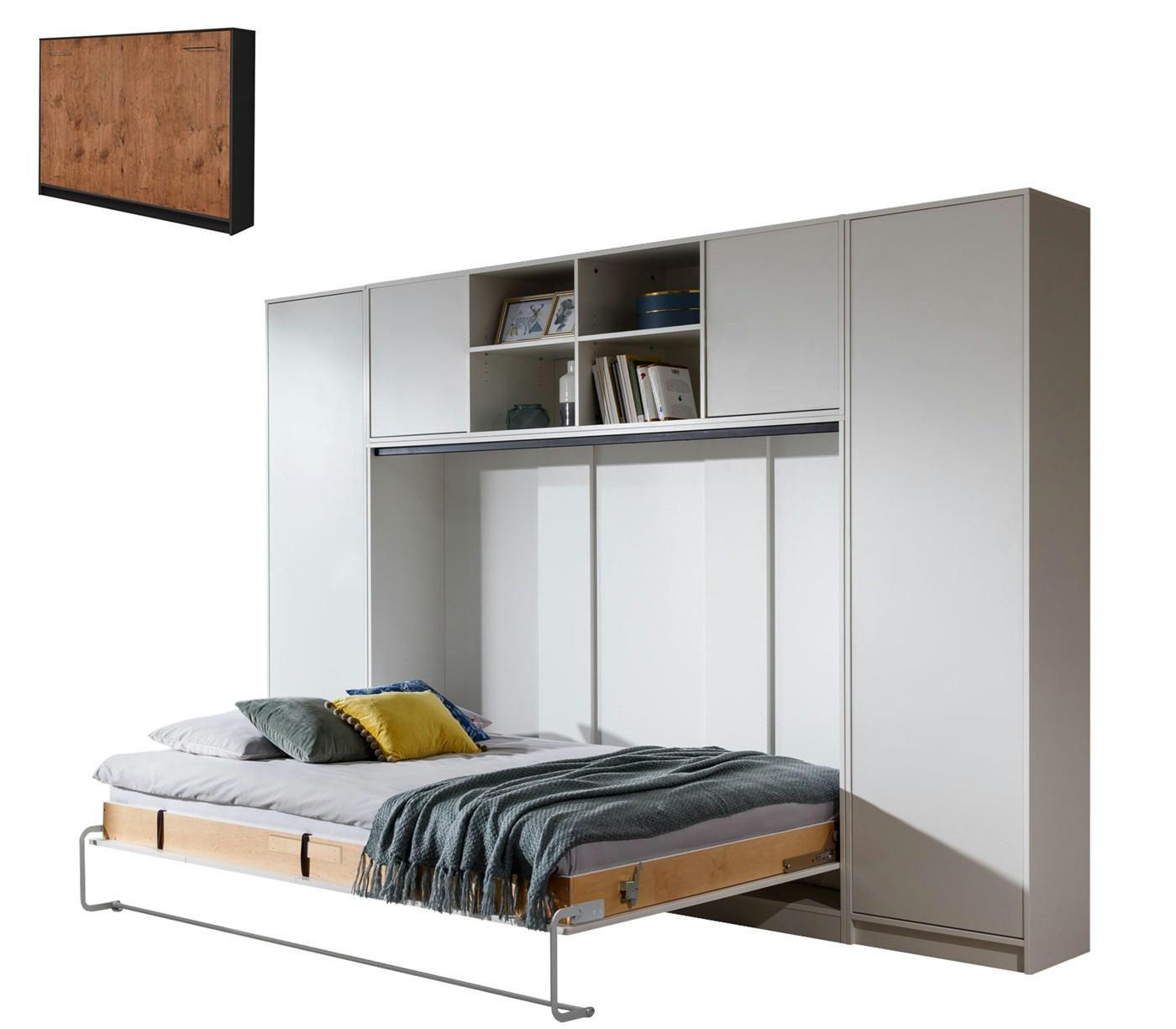 SCHRANKBETT Wandbett horizontal HB 140x200 mit 2 Schränken & Aufsatz - 4-teilig - Eiche Lancelot & Schwarz - Schwarz/Braun, Holzwerkstoff (140/200cm) - QMM TraumMöbel