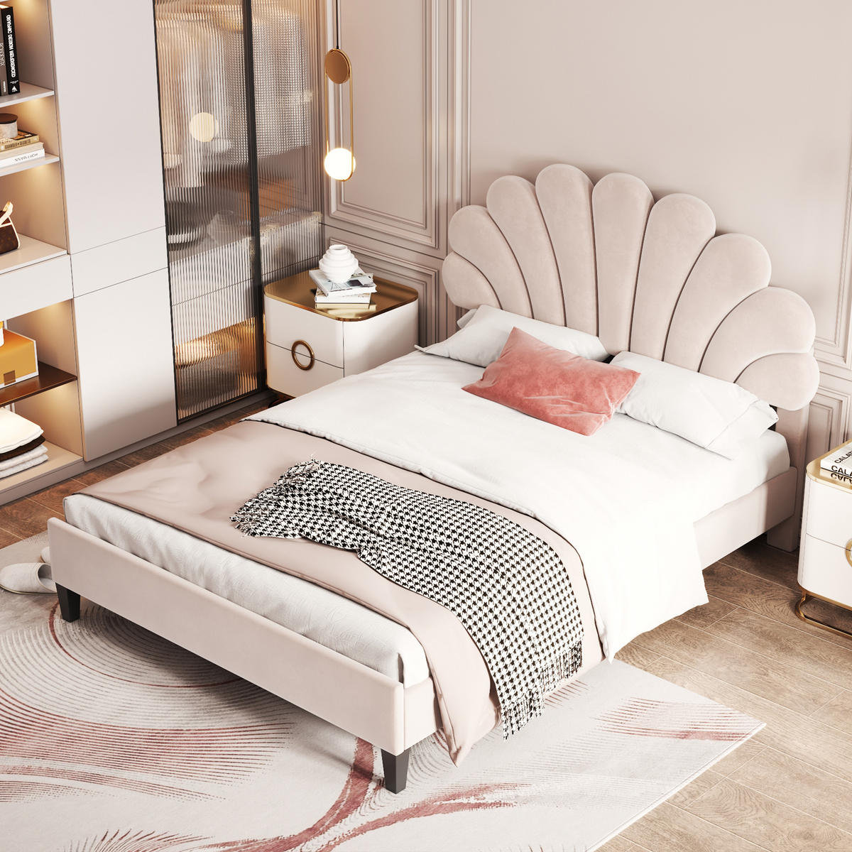 POLSTERBETT 140/200 cm Beige mit blumenförmigem Kopfteil und Lattenrost - Beige, Textil (140/200cm) - OKWISH