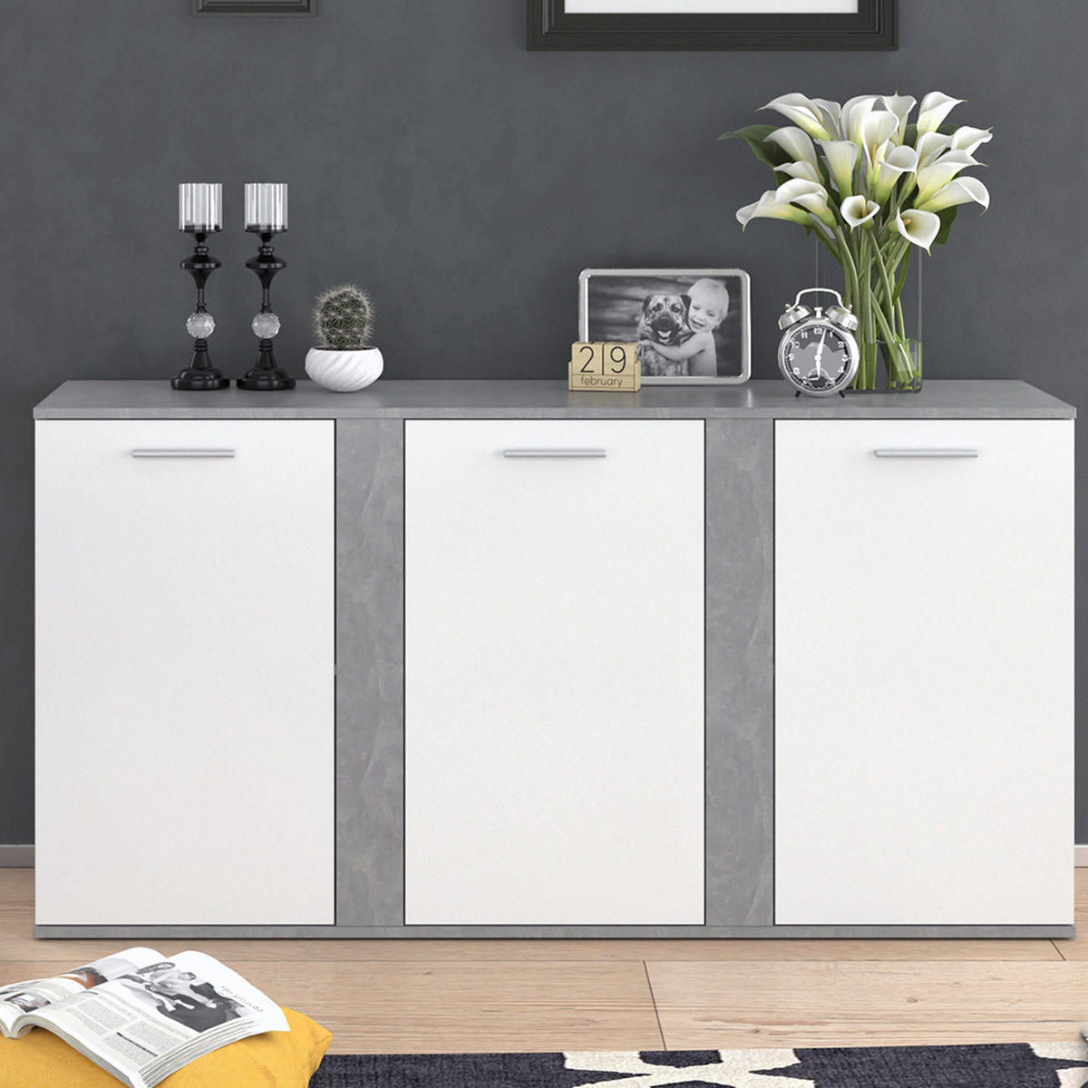 KOMMODE Novelli Beton 155 x 80 cm mit Türen - Grau, Holzwerkstoff (40/80/155cm) - Vicco
