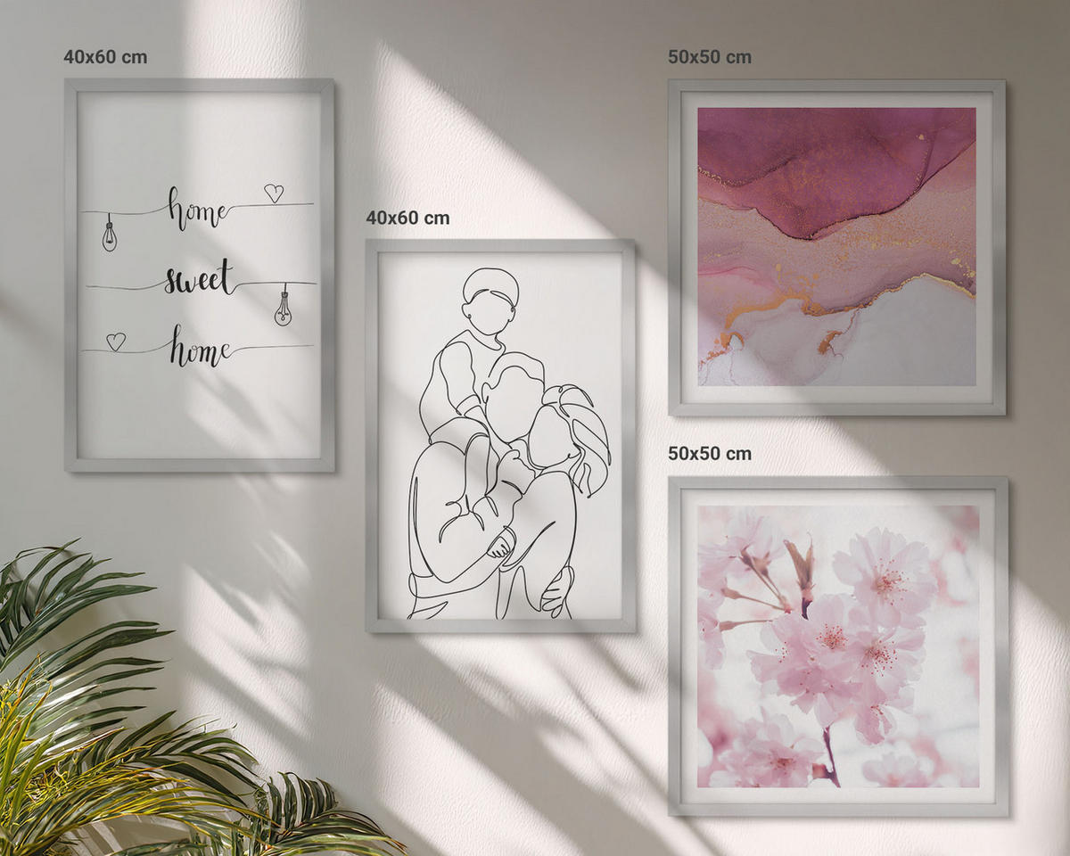 BILDER SET 4er Set - 50x50 cm & 40x60 cm Silberner Rahmen - Blumenfamilie minimalistisch - Silberfarben, Kunststoff (50/50cm) - TULUP