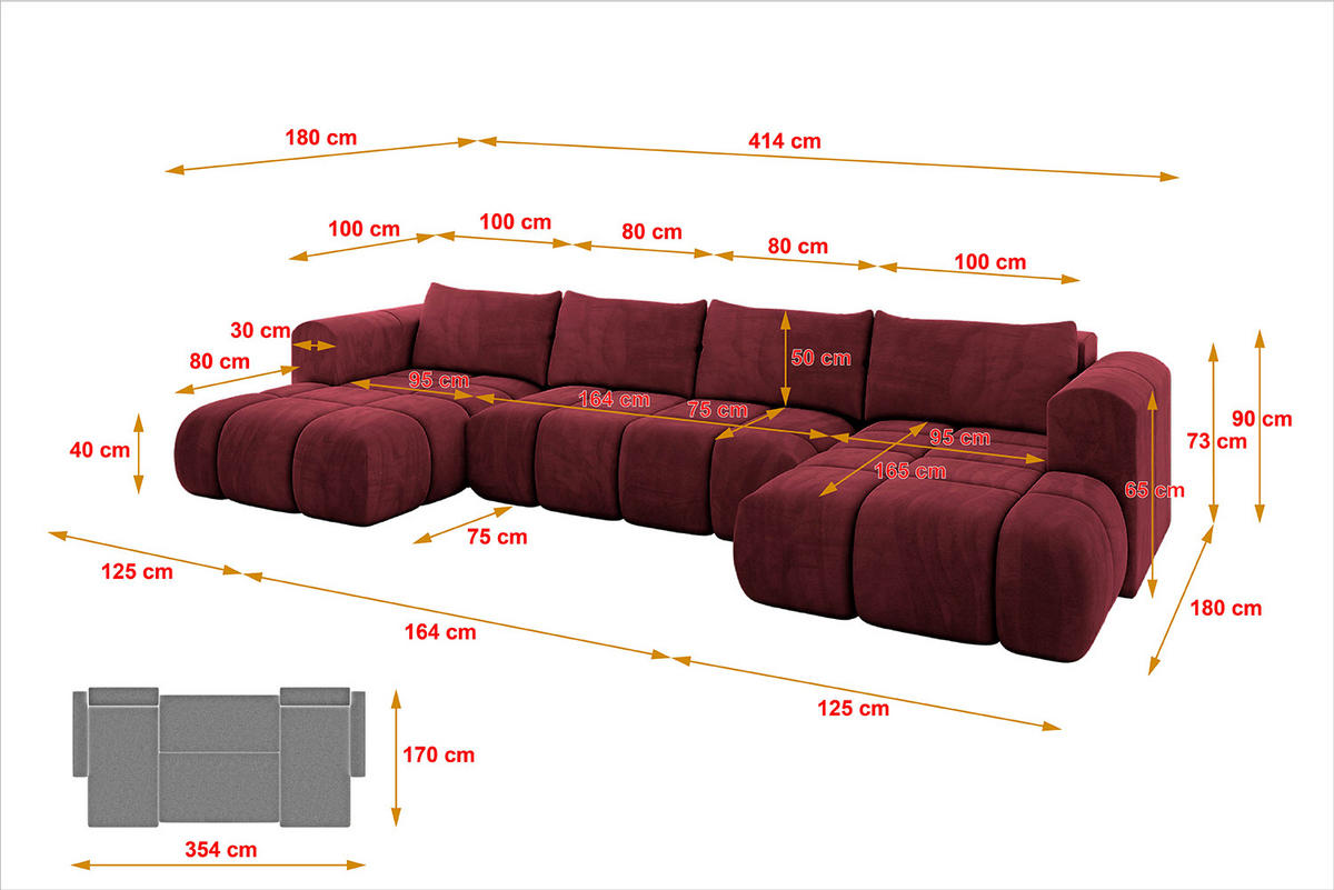 WOHNLANDSCHAFT Ottomane Links CLOUD-U 414x180x40 Bordeaux Velours - Bordeaux, Holzwerkstoff/Kunststoff (414/90/180cm) - ALTDECOR