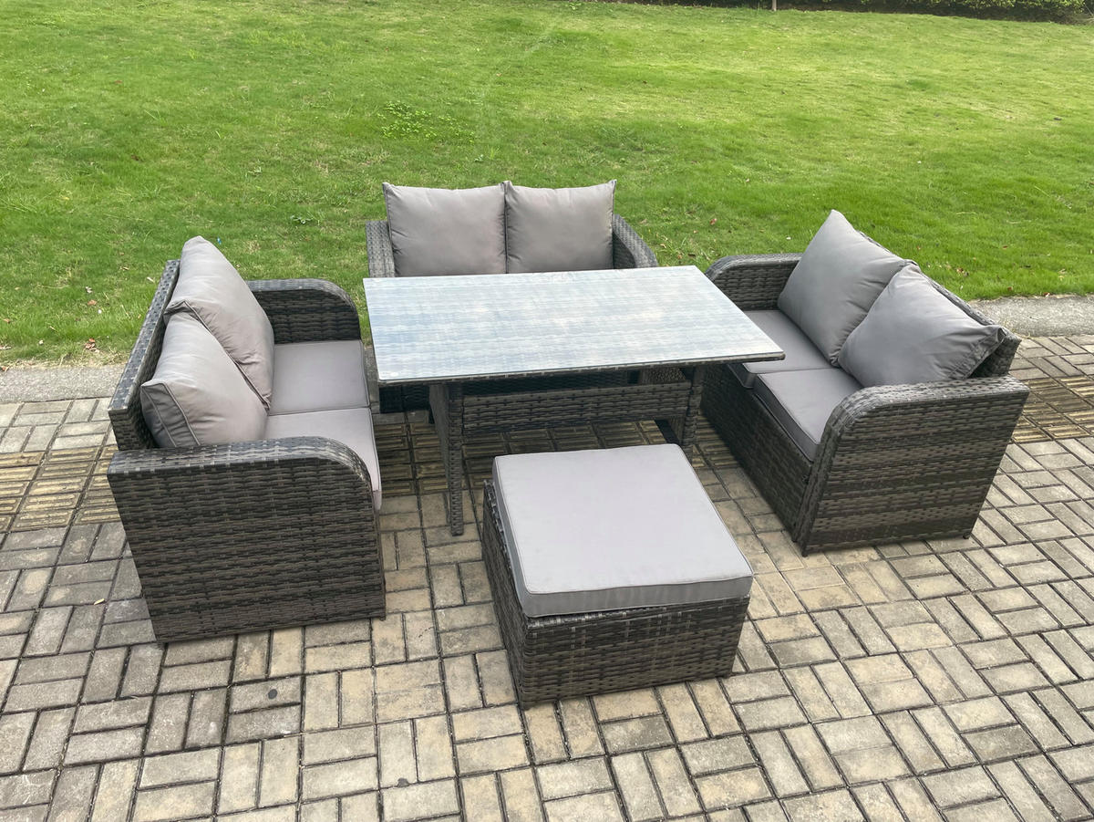 SITZGRUPPE mit Esstisch,Zweisitzer,Hocker Polyrattan Dunkelgrau 7-Sitzer - Dunkelgrau/Grau, Glas/Kunststoff - Fimous