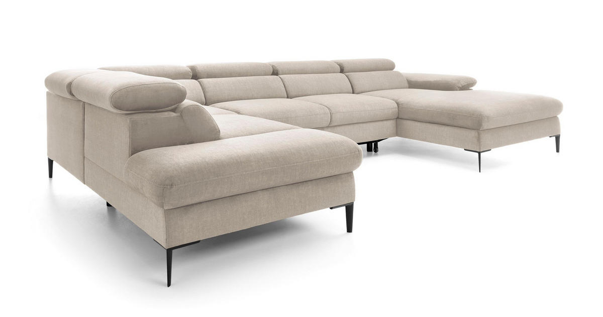 WOHNLANDSCHAFT MESTO Creme Velours-Stoff mit Schlaffunktion - Creme, Holz (353/94/182cm) - MASSENO