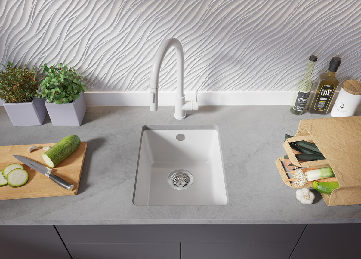 UNTERBAUSPÜLE GRANIT Venedig Easy, 2-er set Weiß 36/44 cm 1 Becken + Ablauf-Set ab 40er Unterschrank - Chromfarben/Weiß, Kunststoff (36/20/44cm) - Primagran